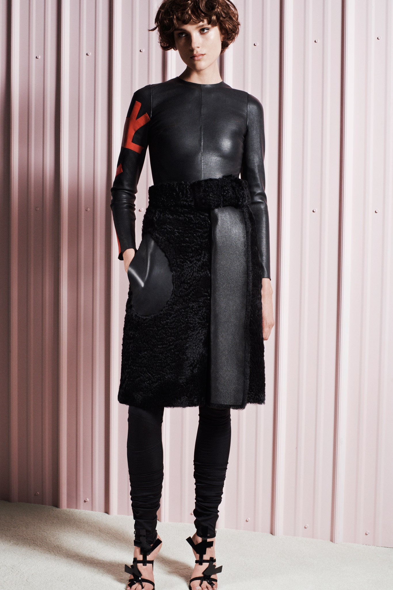 black leather asymmetric dress and pants