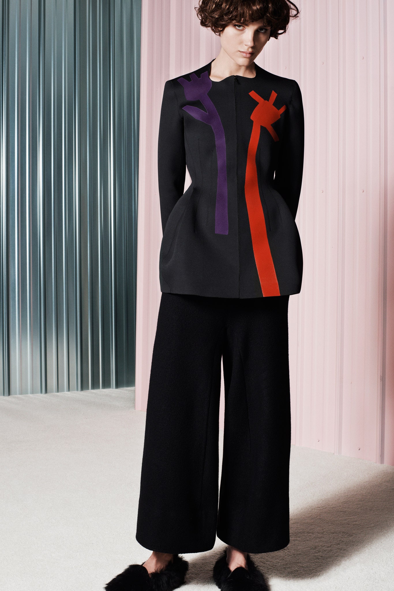black tailored blazer and relaxed pants