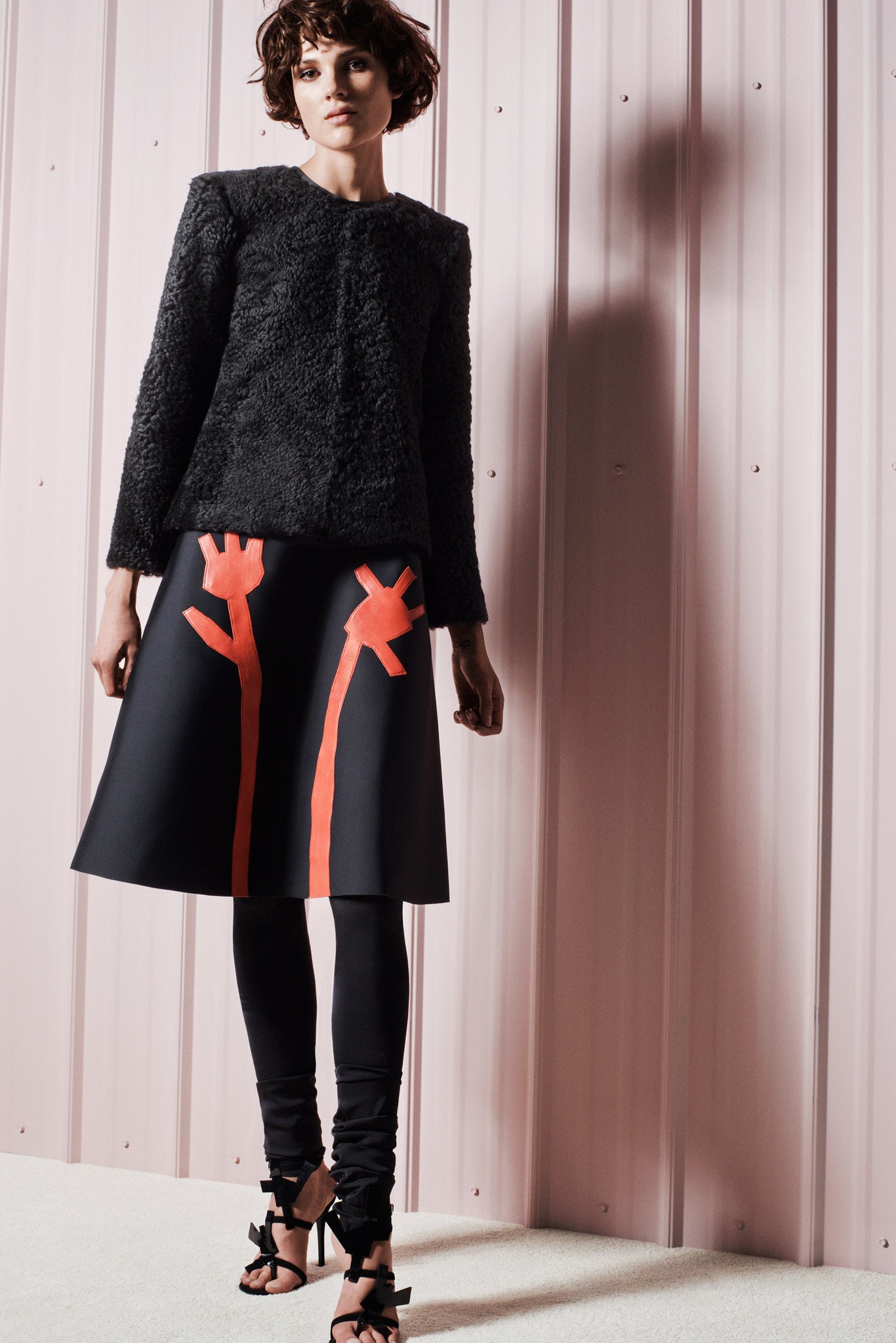 black wool long-sleeve collared fitted textured top