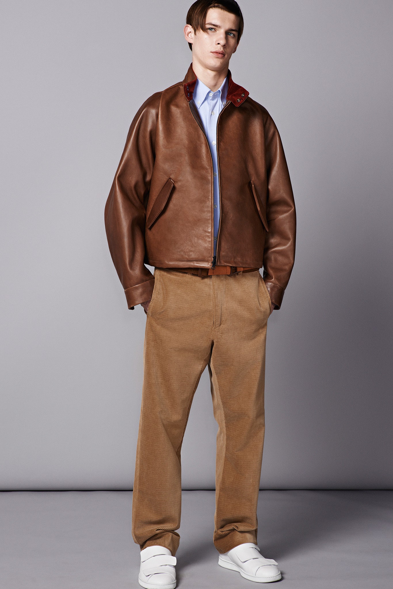 brown leather long-sleeve collared relaxed jacket