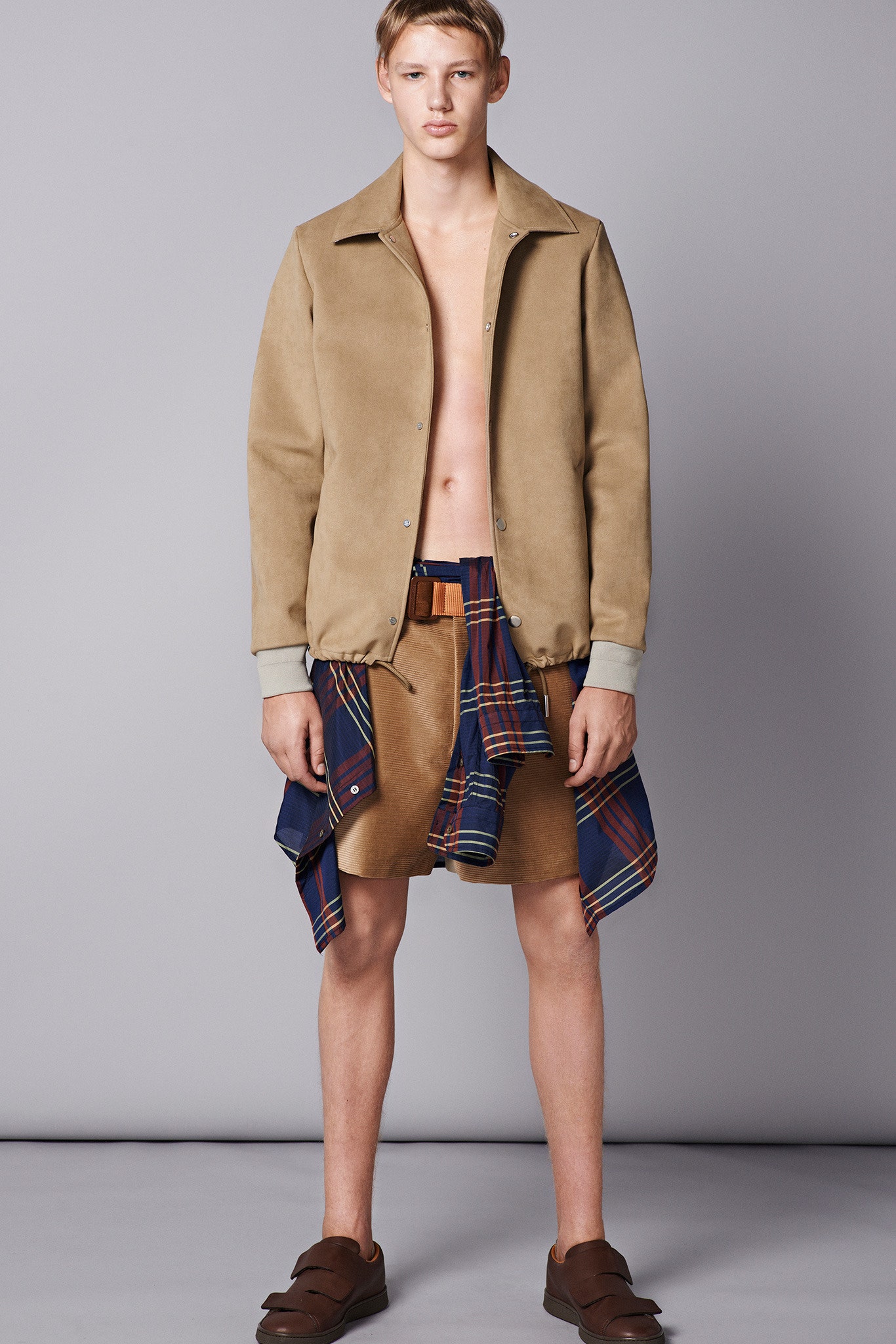 beige suede long-sleeve collared relaxed buttoned jacket
