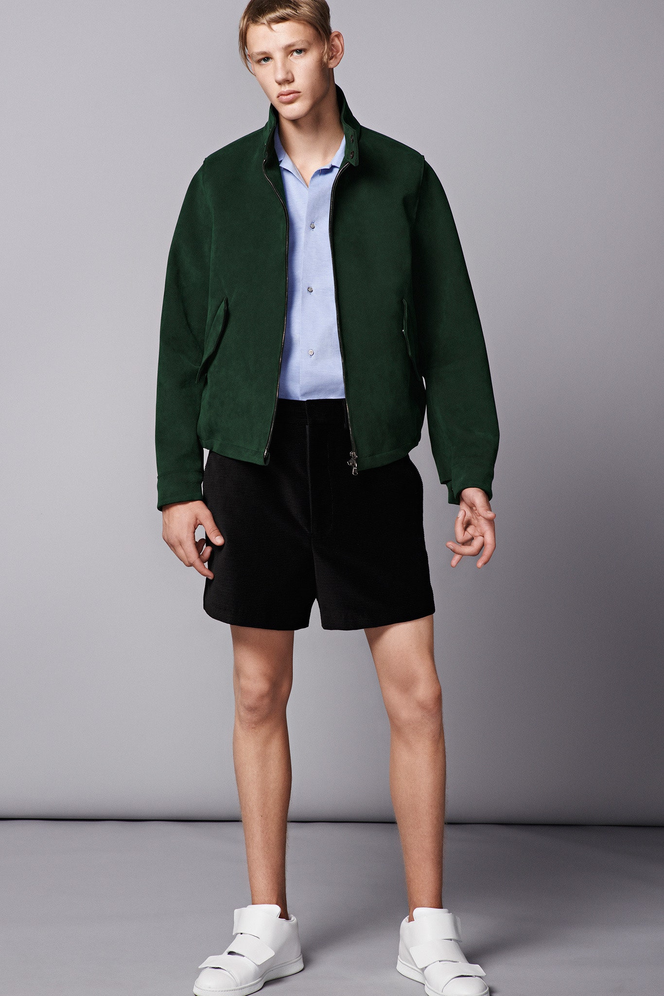 green suede long-sleeve collared fitted jacket