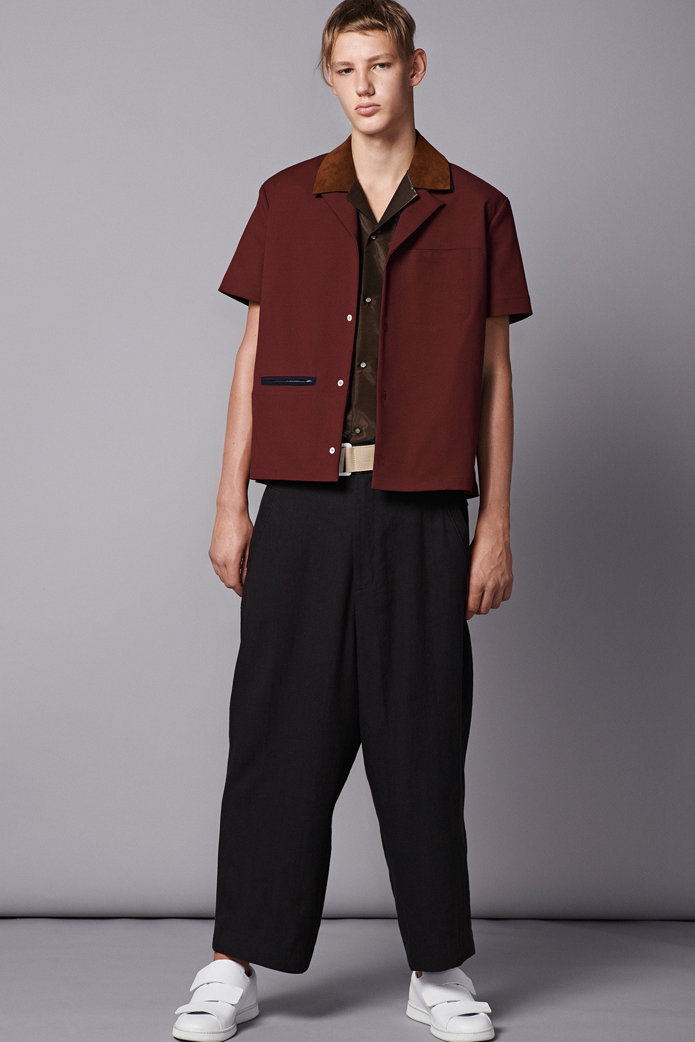 brown relaxed jacket with black shirt