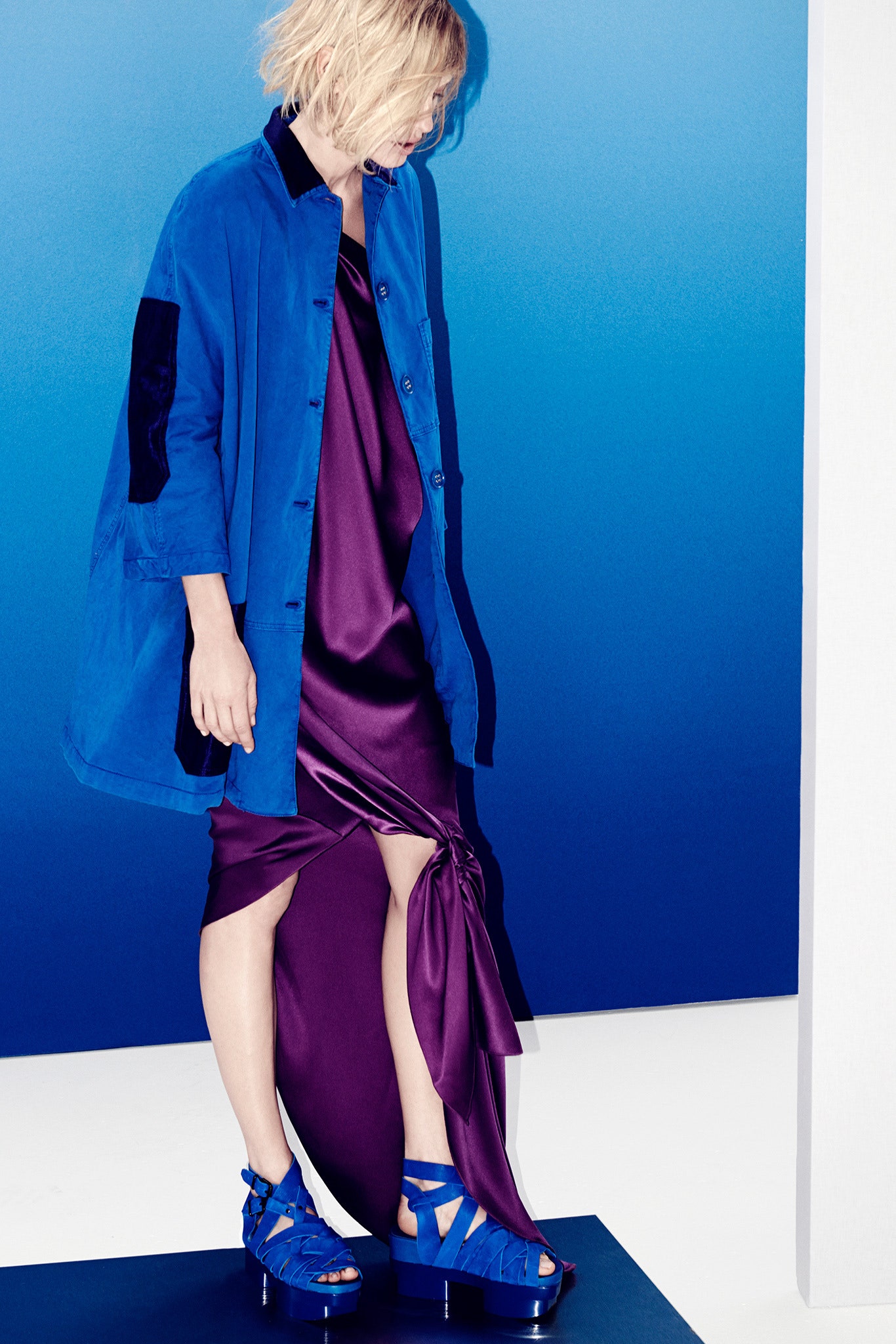 purple silk sleeveless v-neck fitted draped midi dress