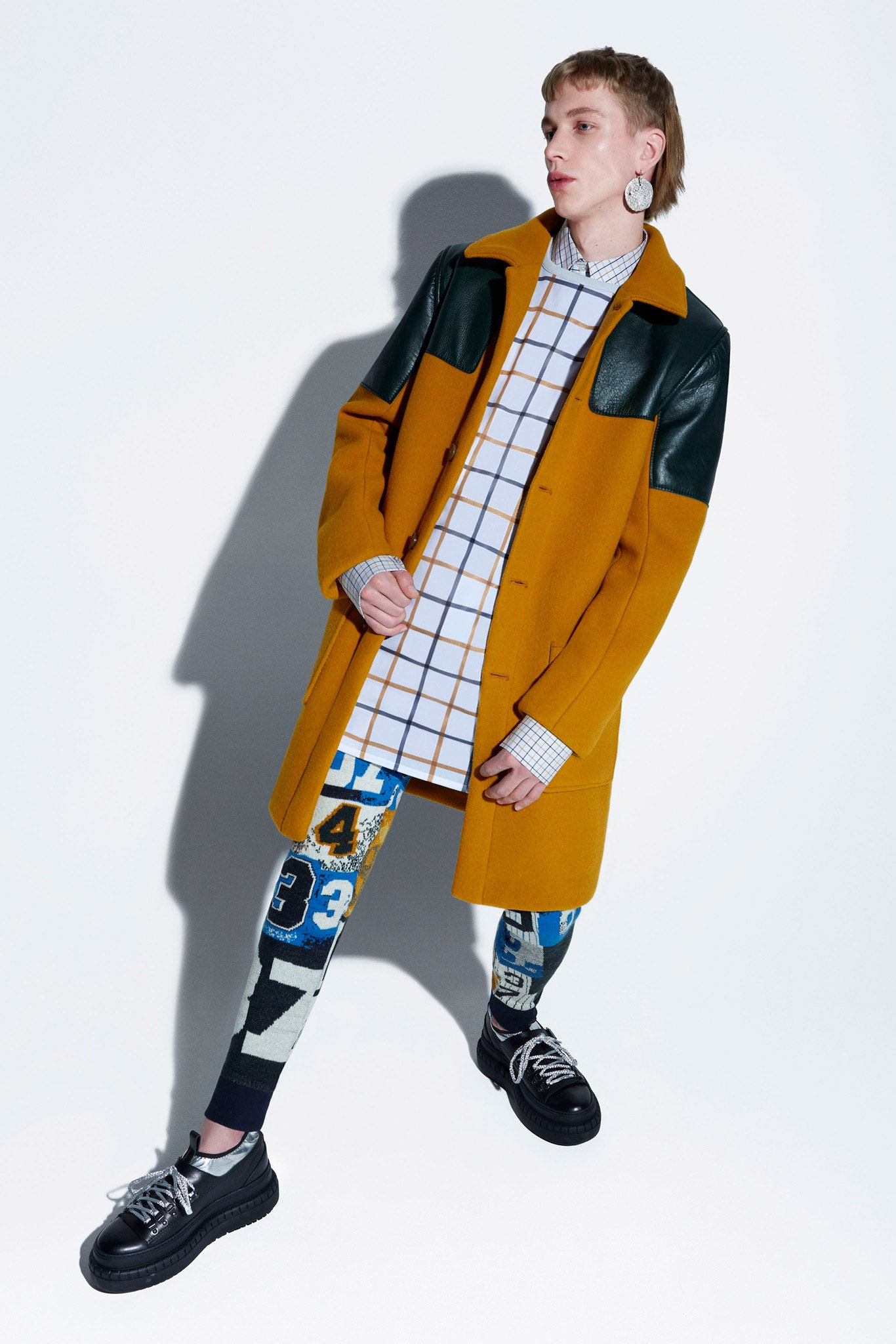 yellow long-sleeve collared relaxed color-blocked coat