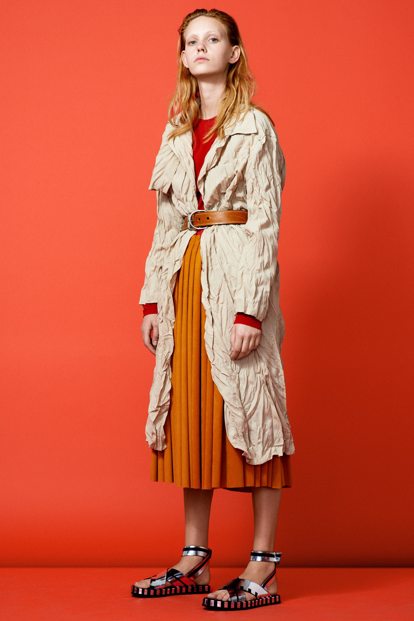 beige cotton long-sleeve collared relaxed pleated belted coat