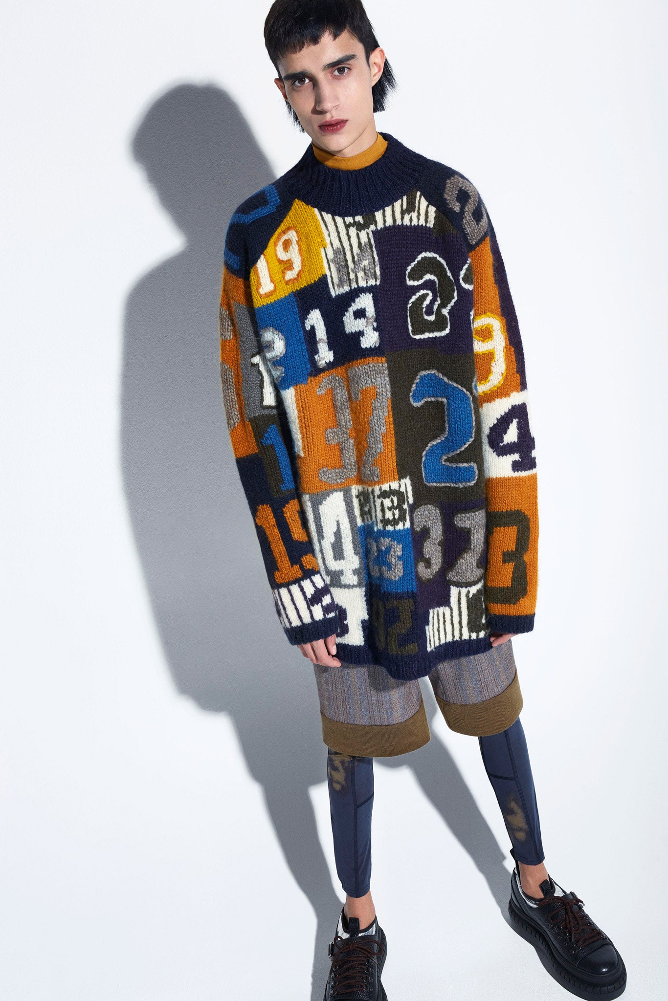 blue wool long-sleeve collared oversized printed sweater