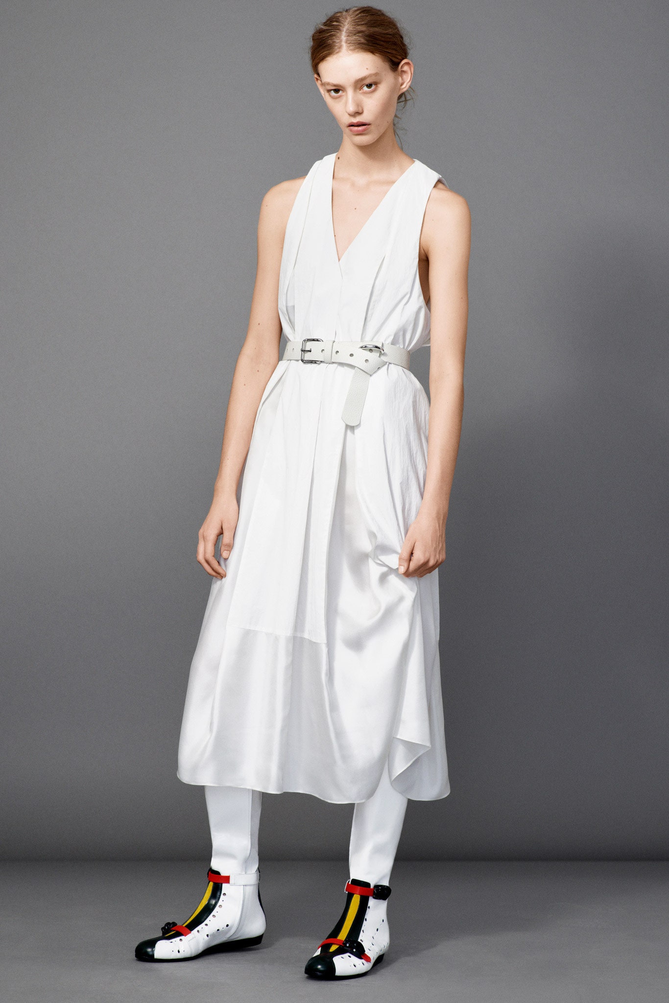 white silk belted midi dress