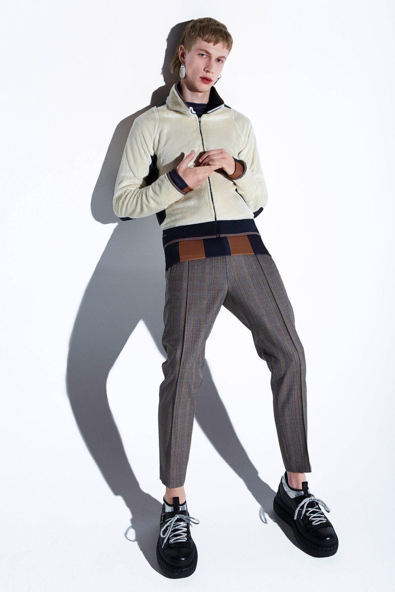 beige cotton hoodie with tailored pants