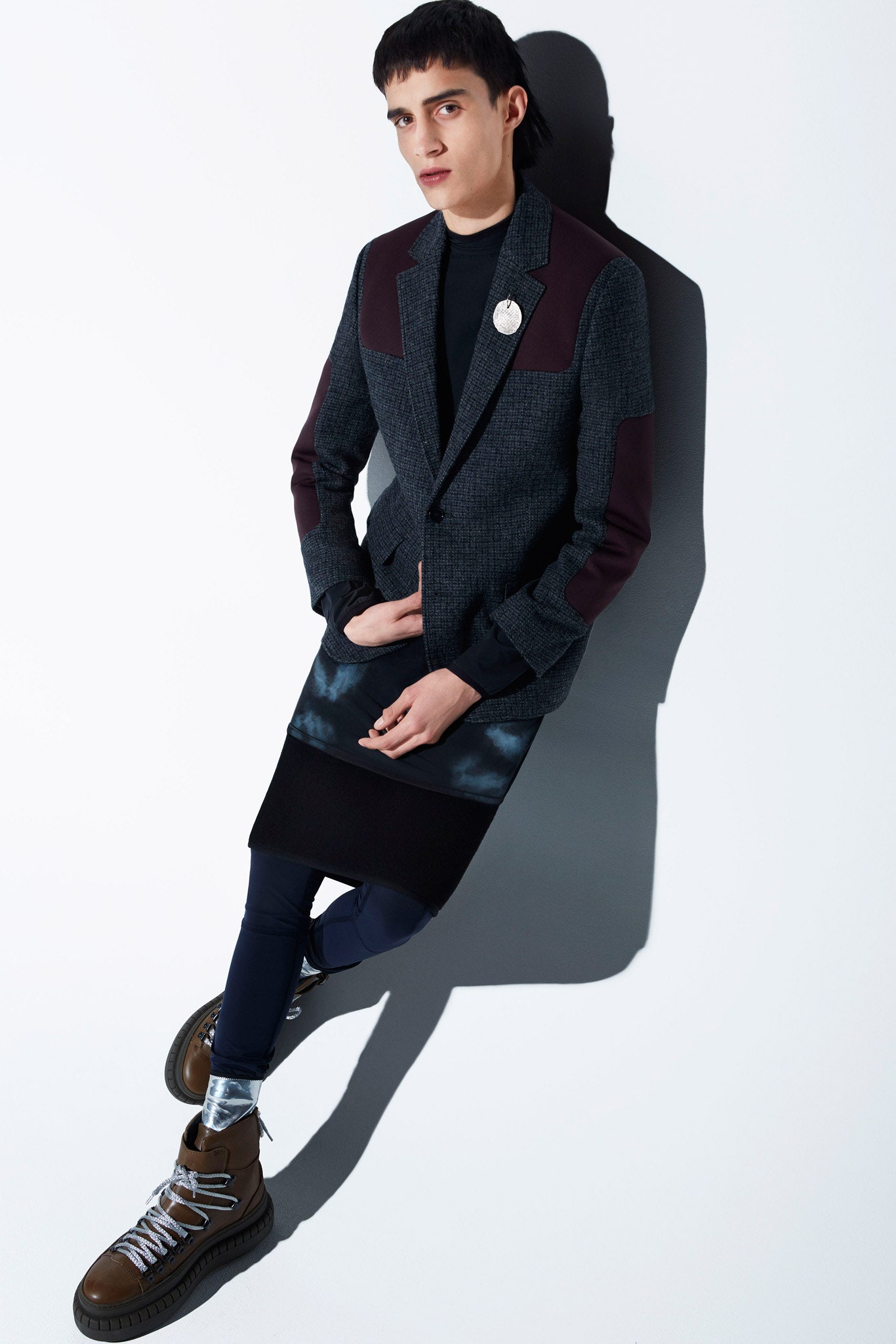gray wool long-sleeve collared tailored buttoned color-blocked blazer