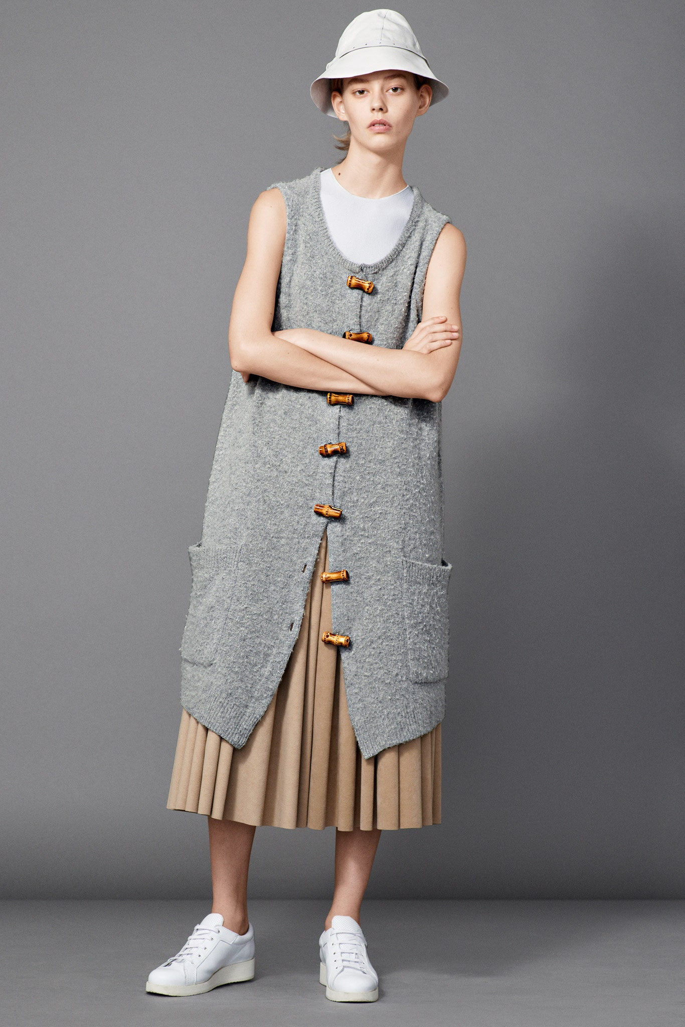 gray wool vest with pleated skirt