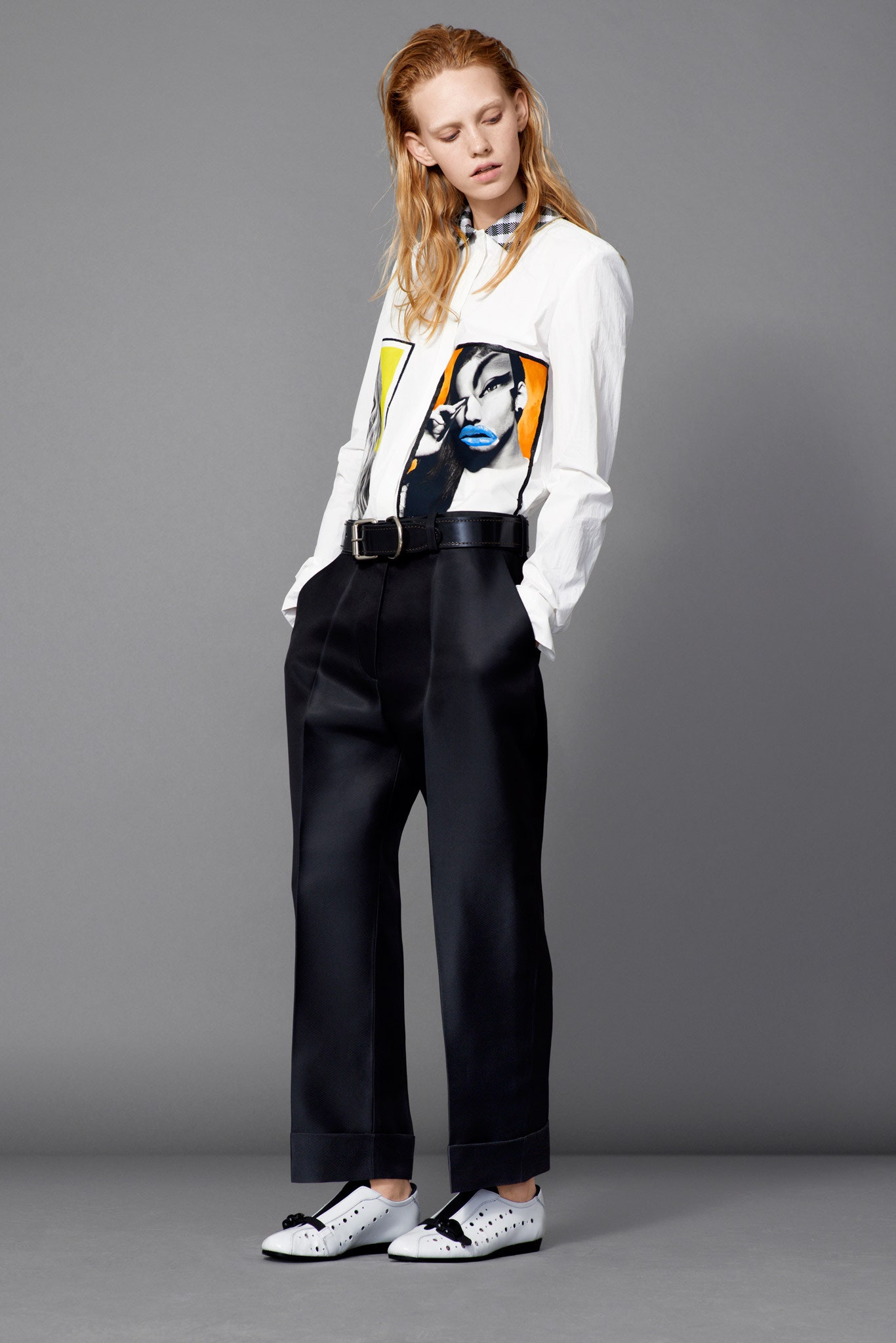 white printed shirt black tailored pants