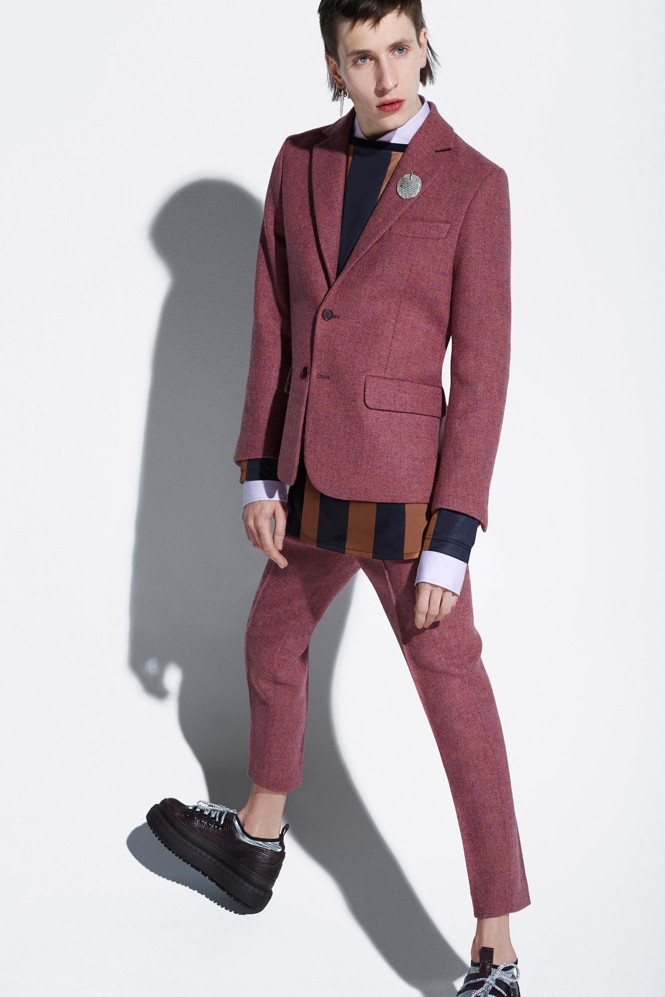 red wool long-sleeve collared tailored striped buttoned suit