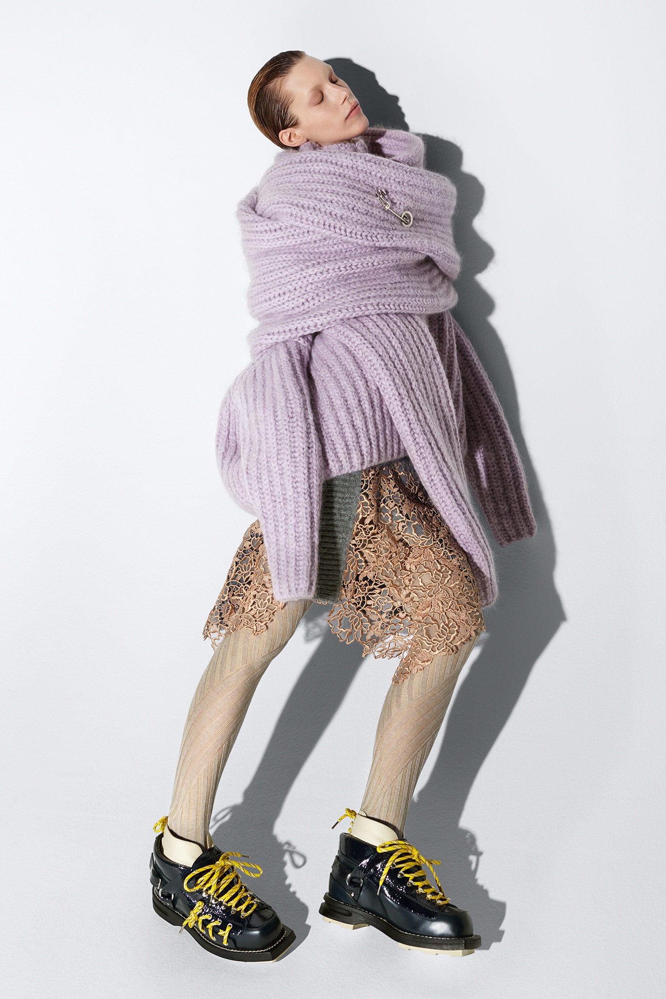 lavender wool long-sleeve oversized layered sweater