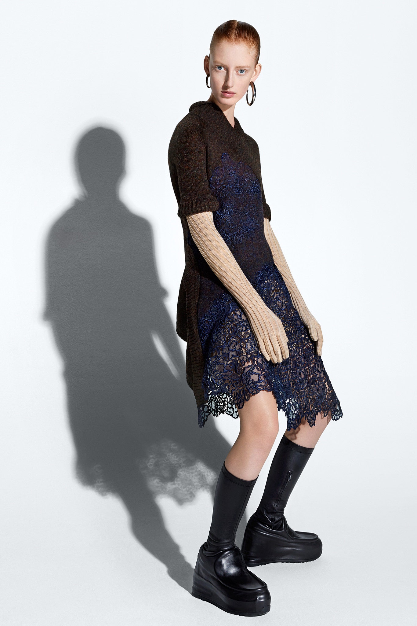 brown lace short-sleeve v-neck fitted layered mini dress