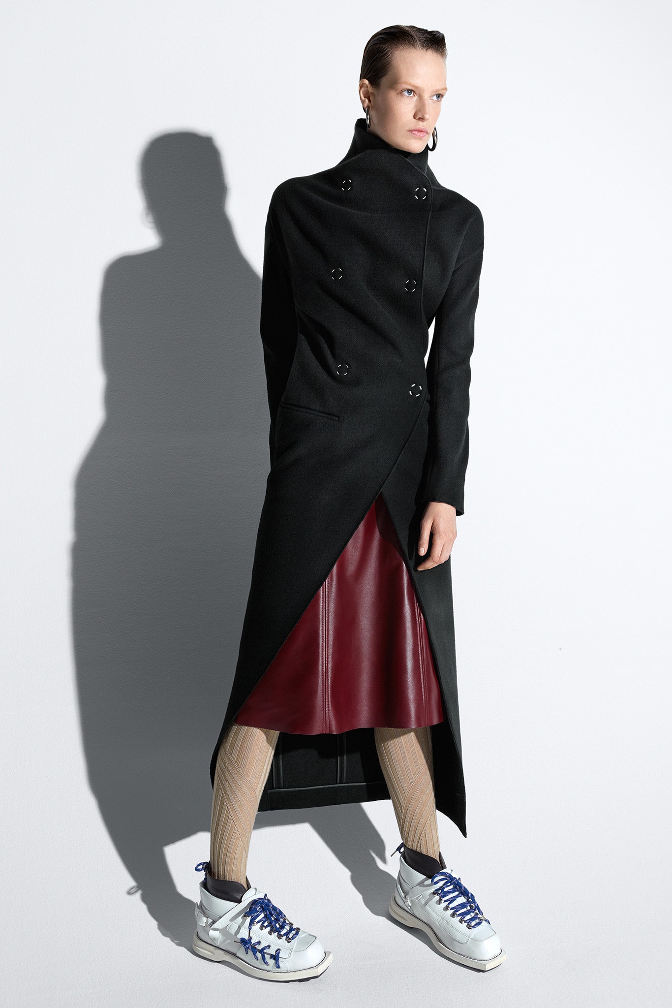 black wool long-sleeve double-breasted fitted buttoned maxi coat
