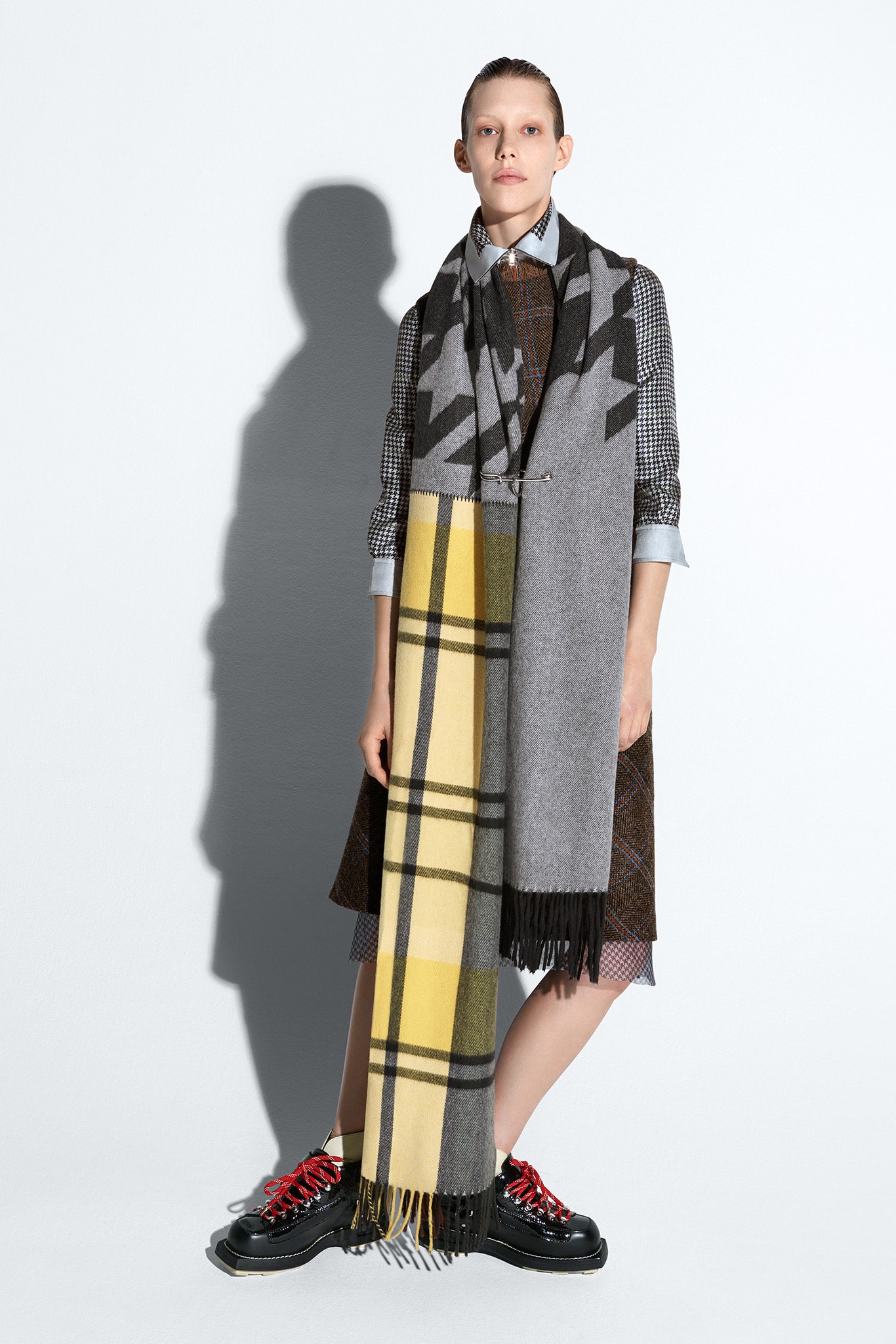 brown checked midi dress with scarf