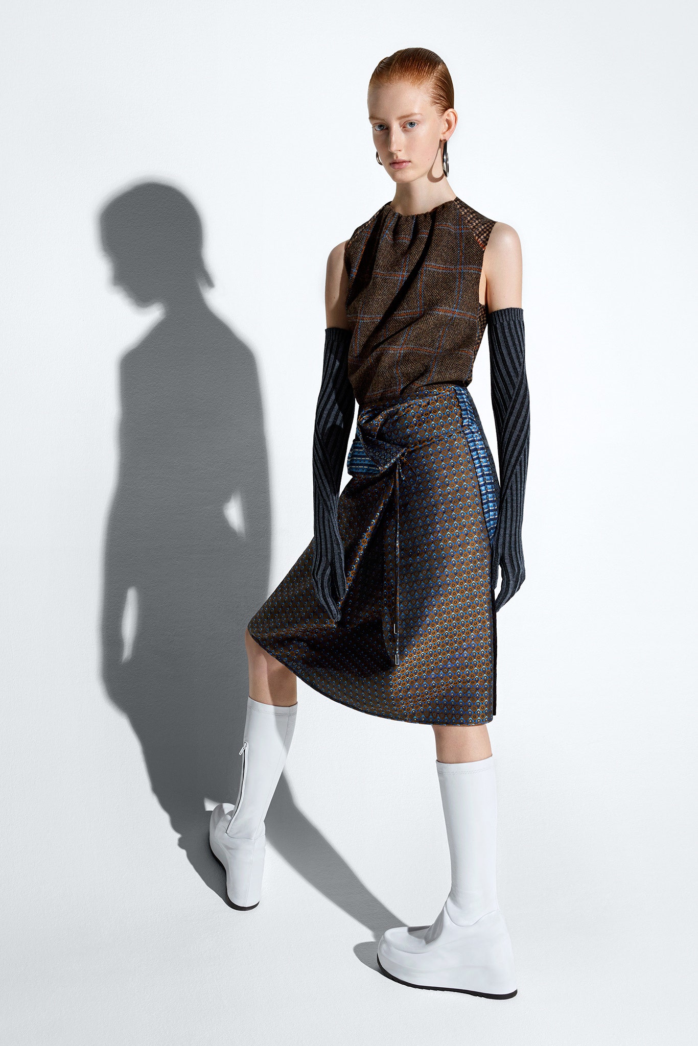 brown silk pleated top with midi skirt