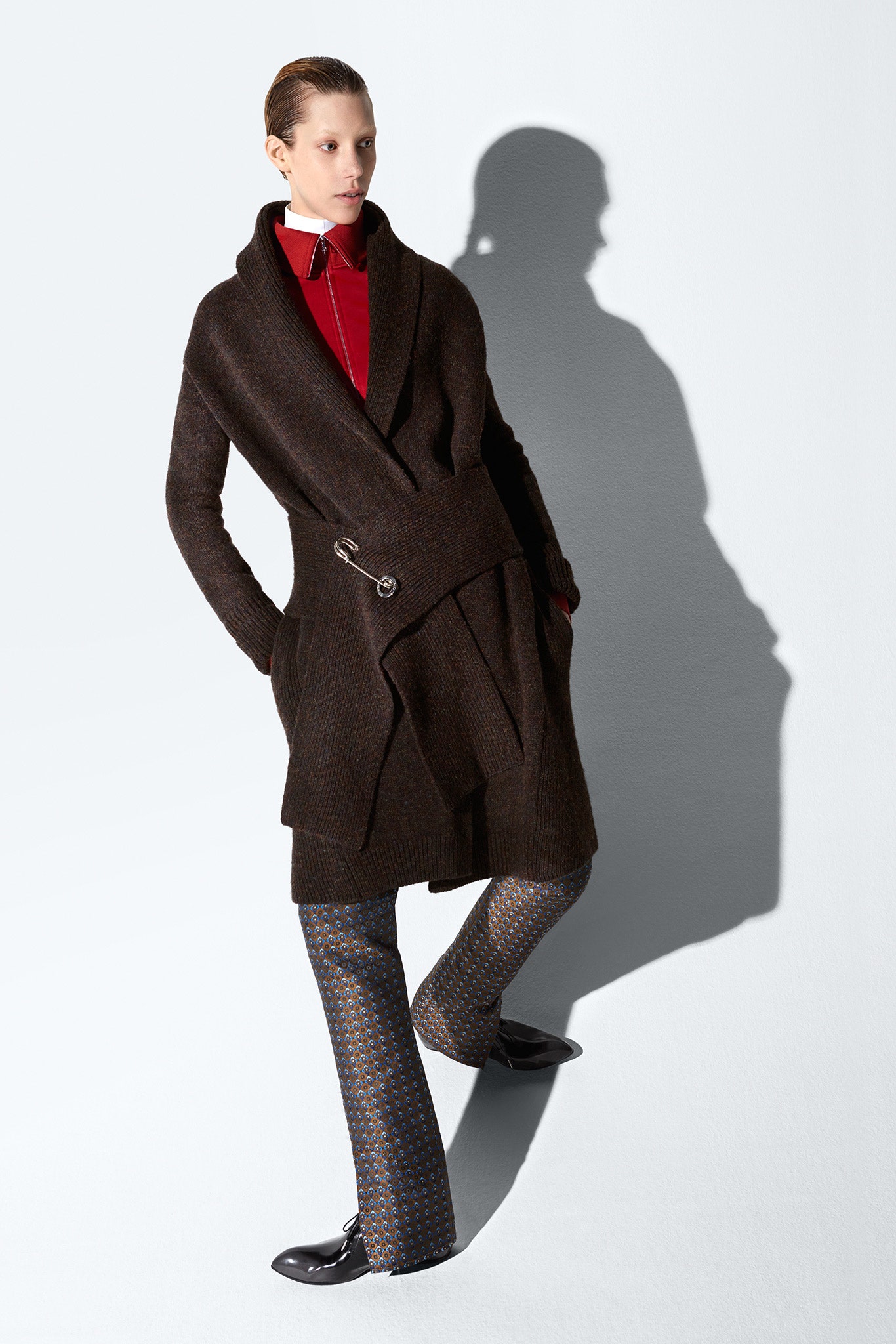 brown wool coat with red top