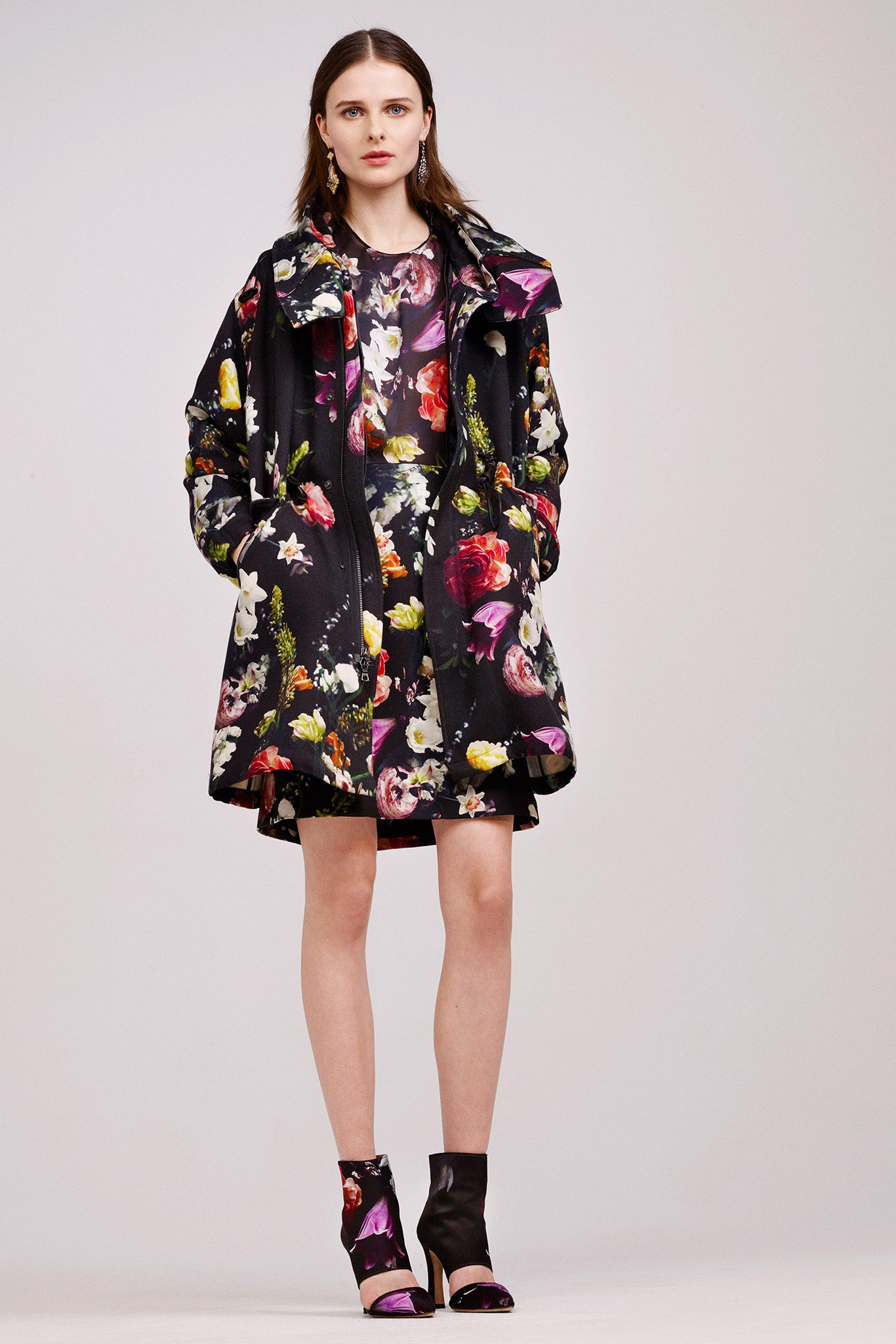 floral black coat and dress
