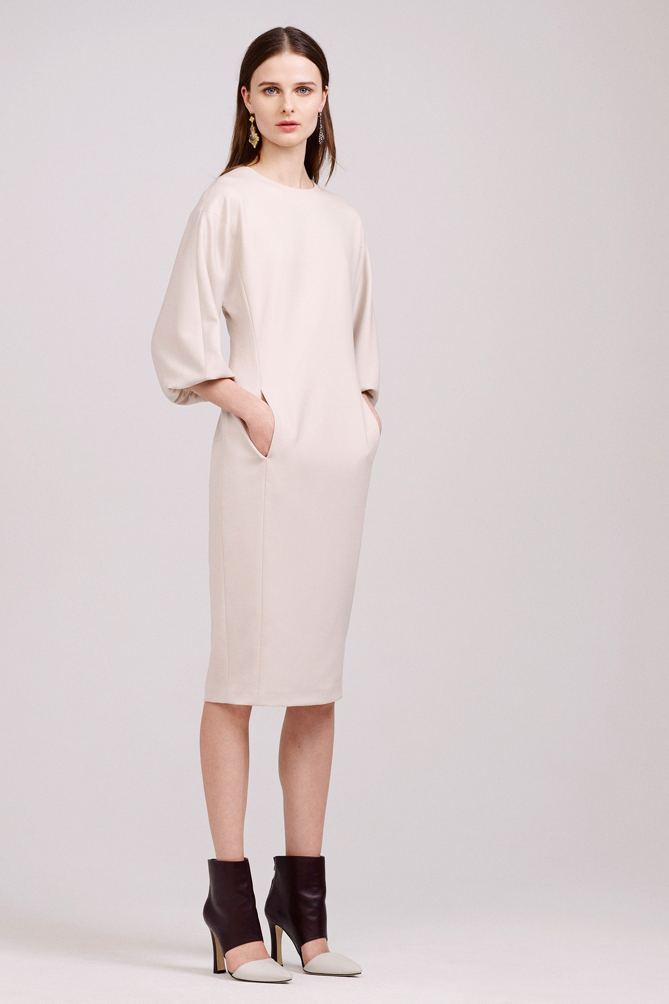 beige relaxed midi dress with pockets