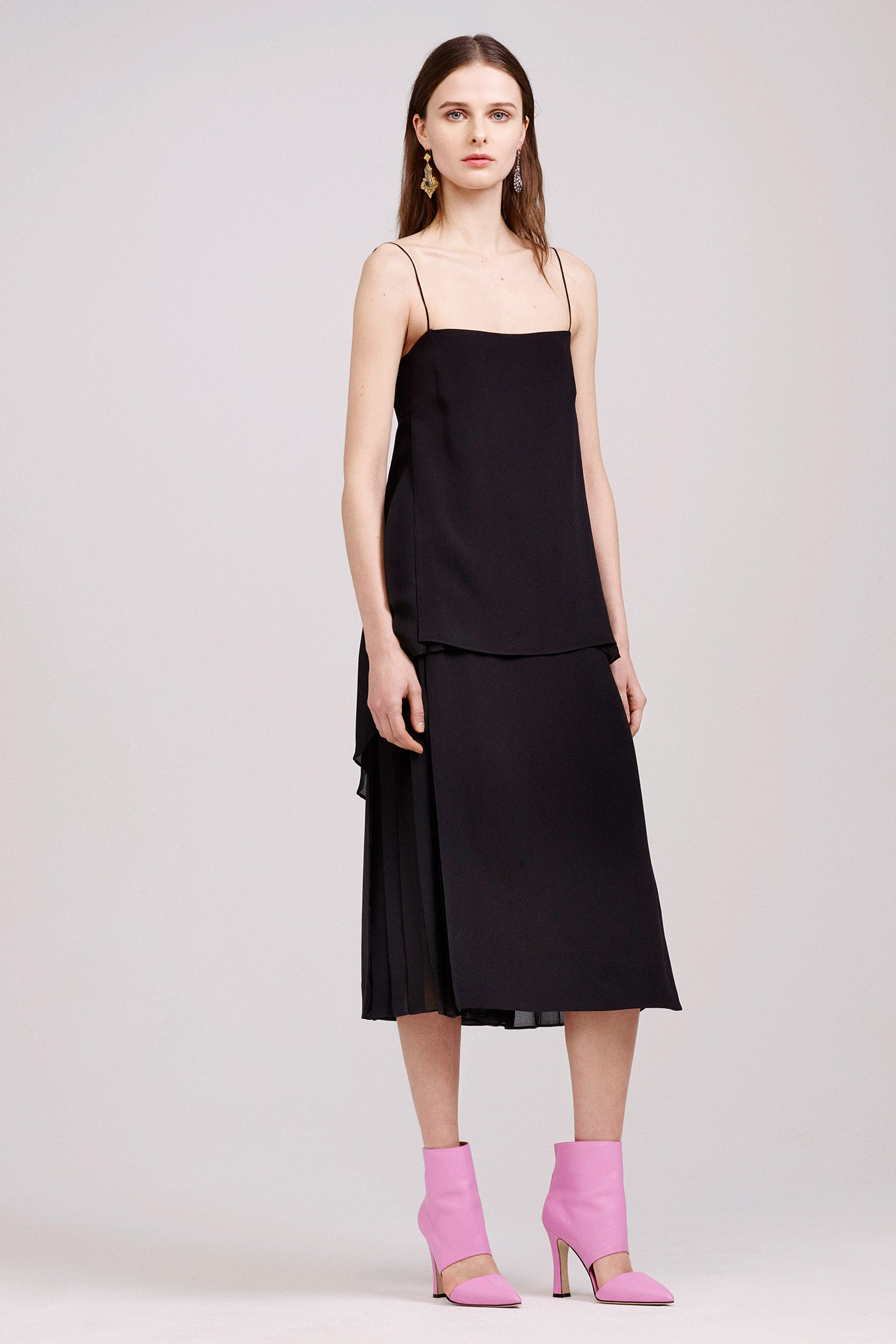 black silk midi dress with pink heels