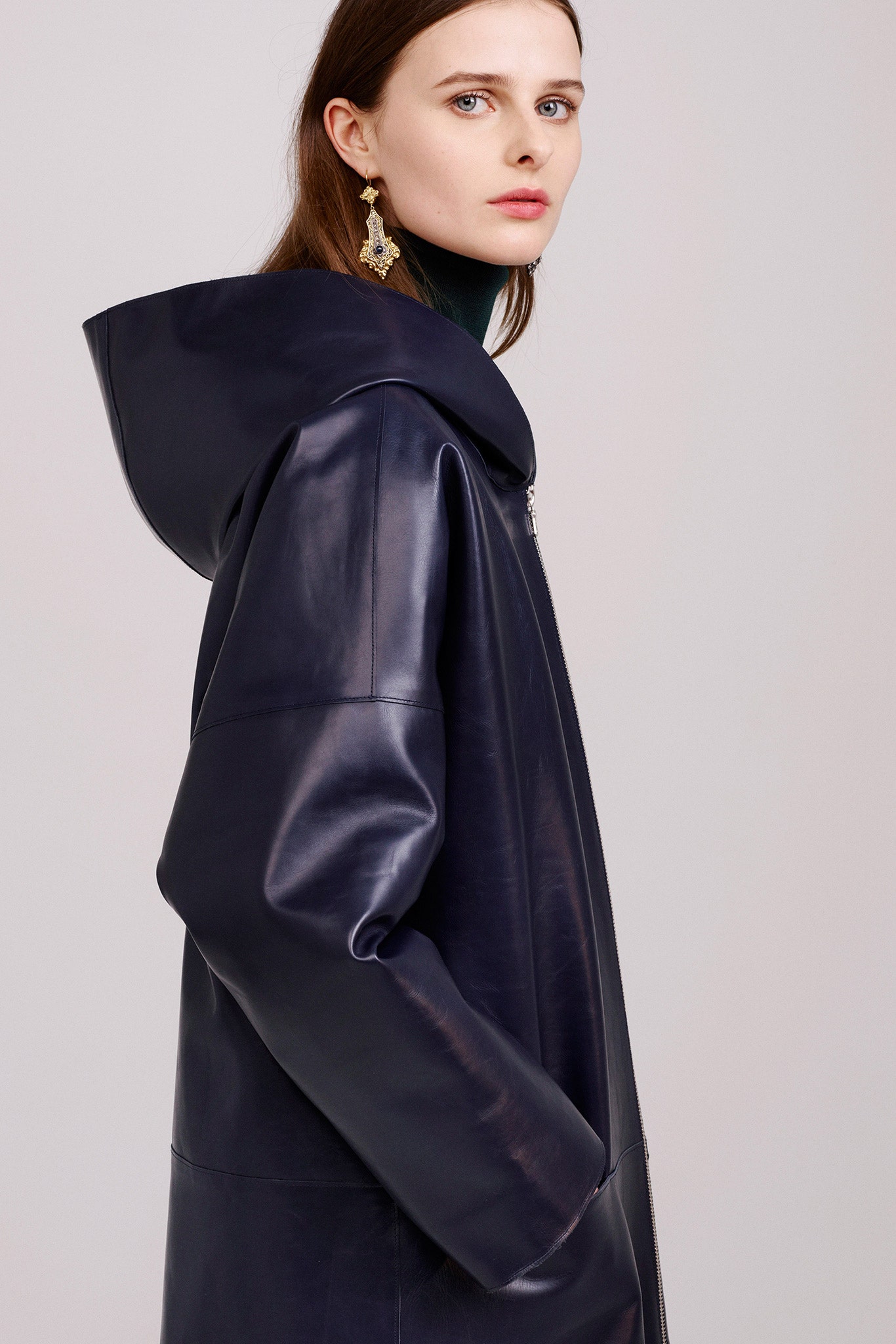 blue leather oversized coat