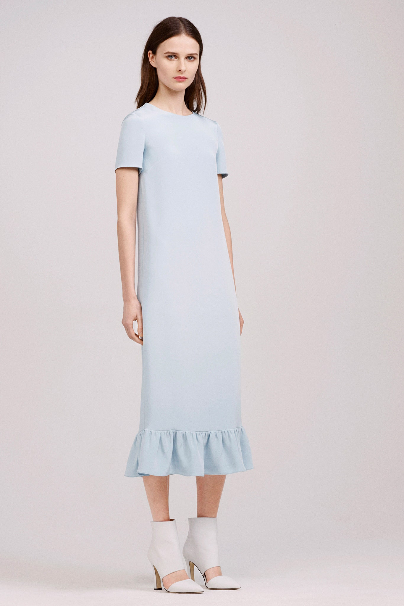 blue silk midi dress with ruffles