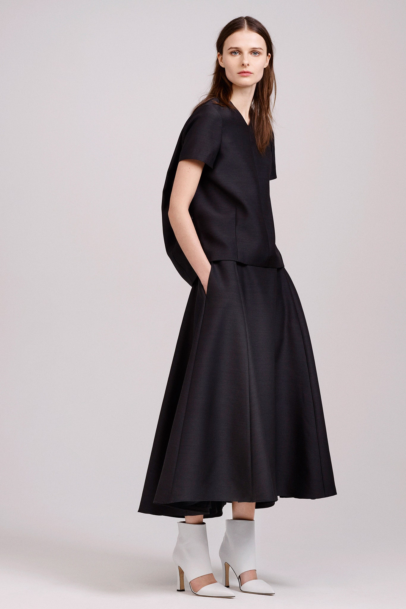 black silk top and midi skirt