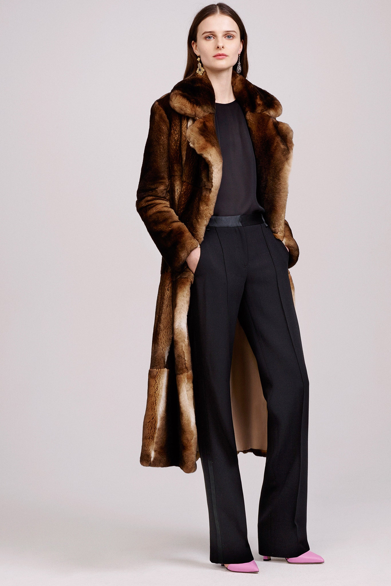 brown fur coat with black top