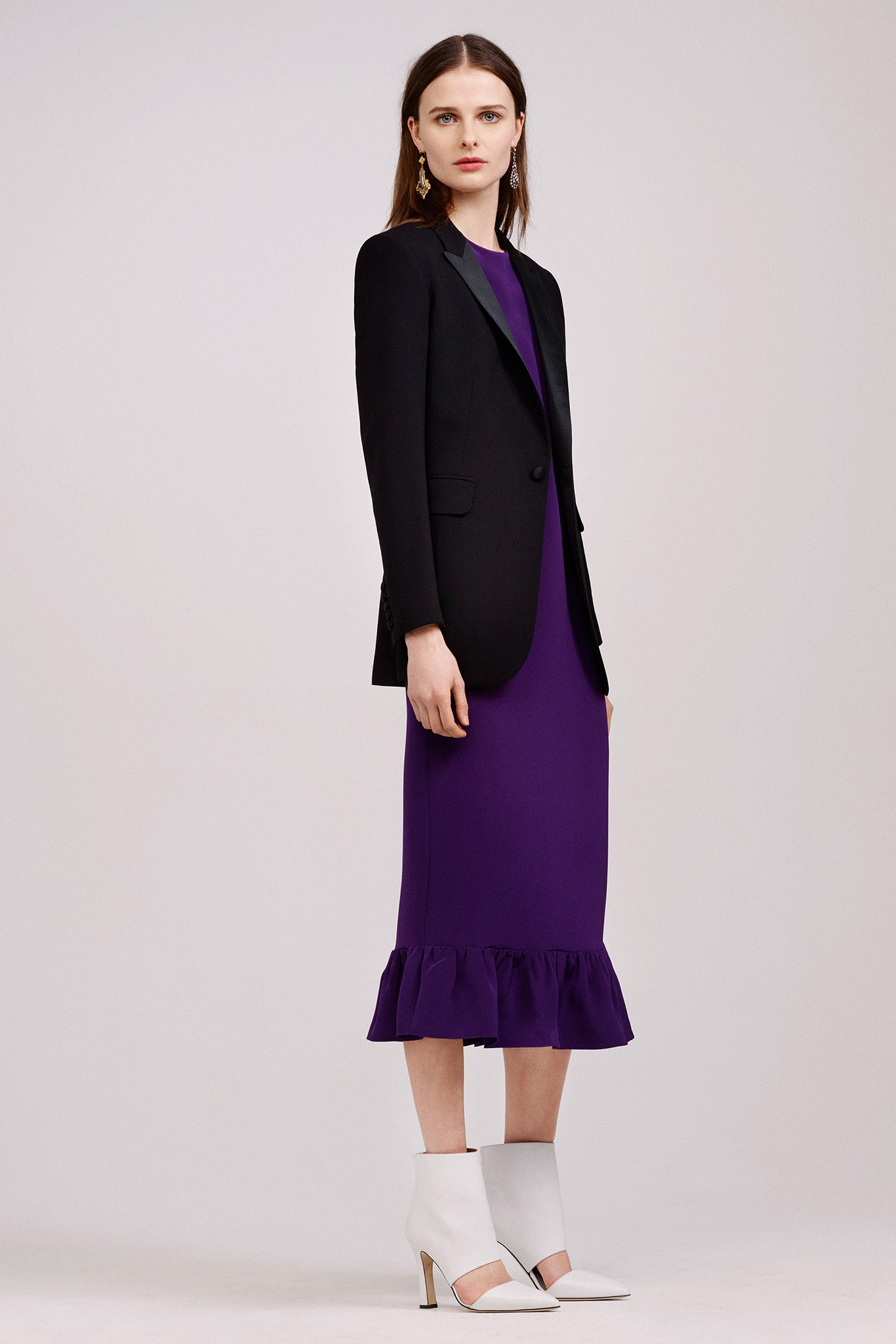 black blazer purple ruffled dress