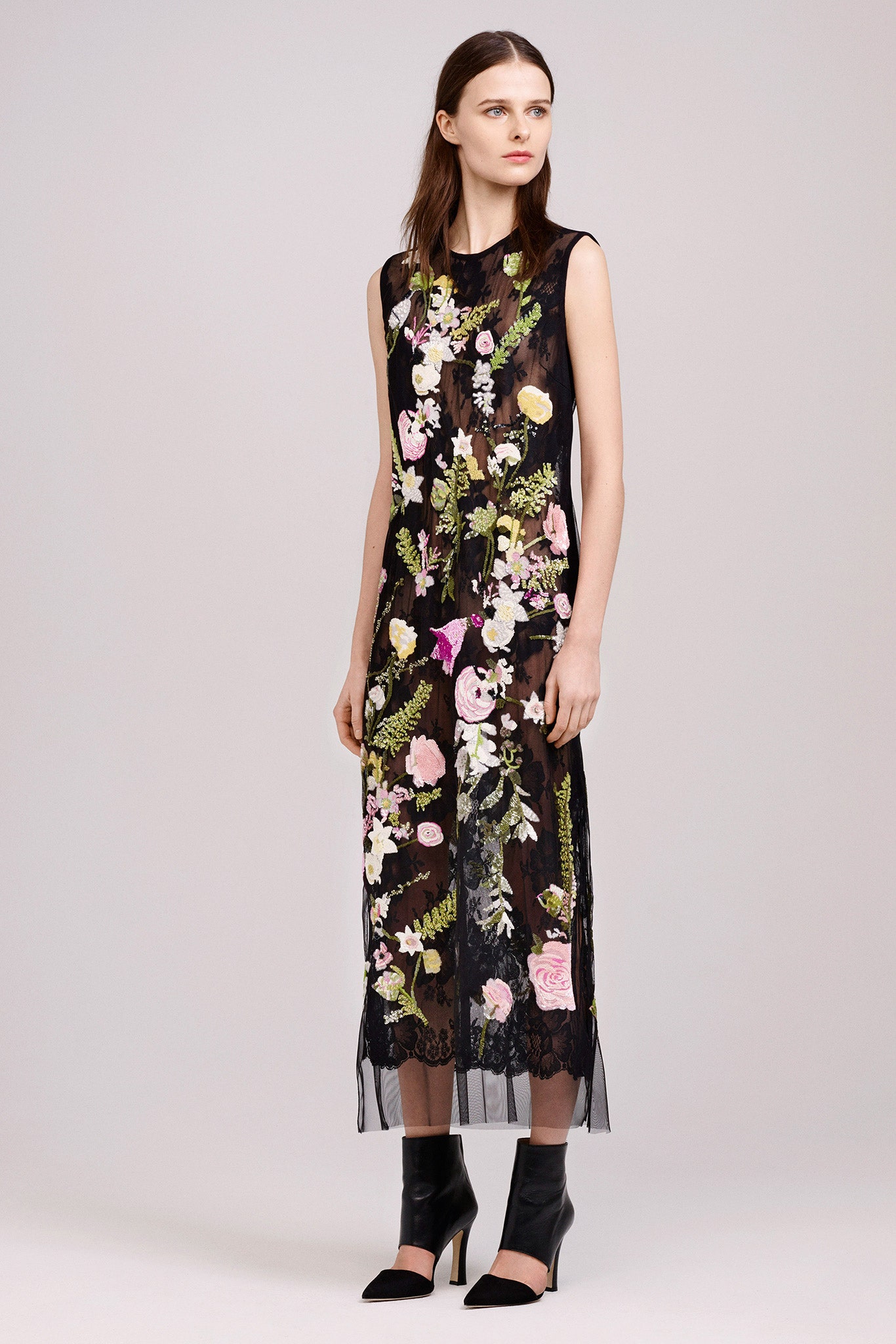 black lace embroidered midi dress