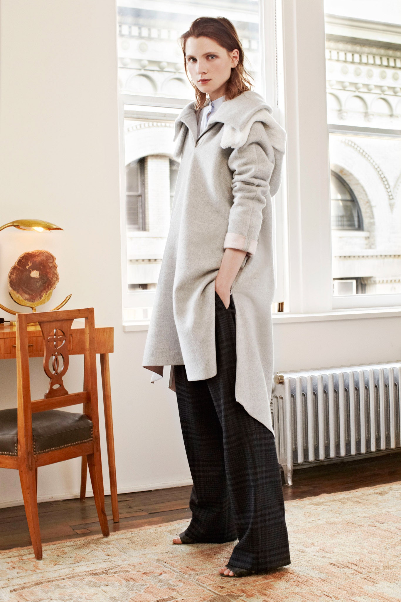 gray wool long-sleeve collared relaxed draped midi coat