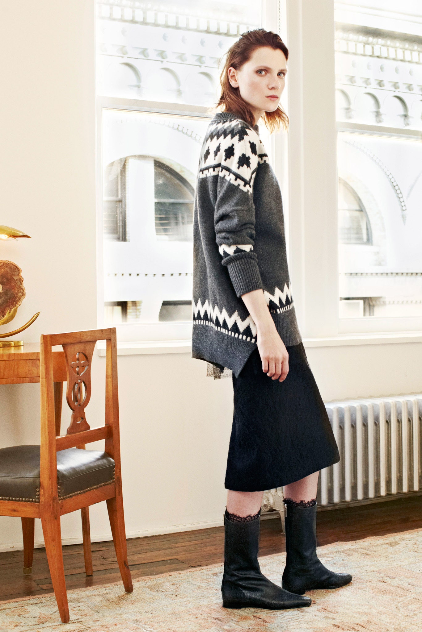 gray wool long-sleeve high-neck relaxed printed sweater