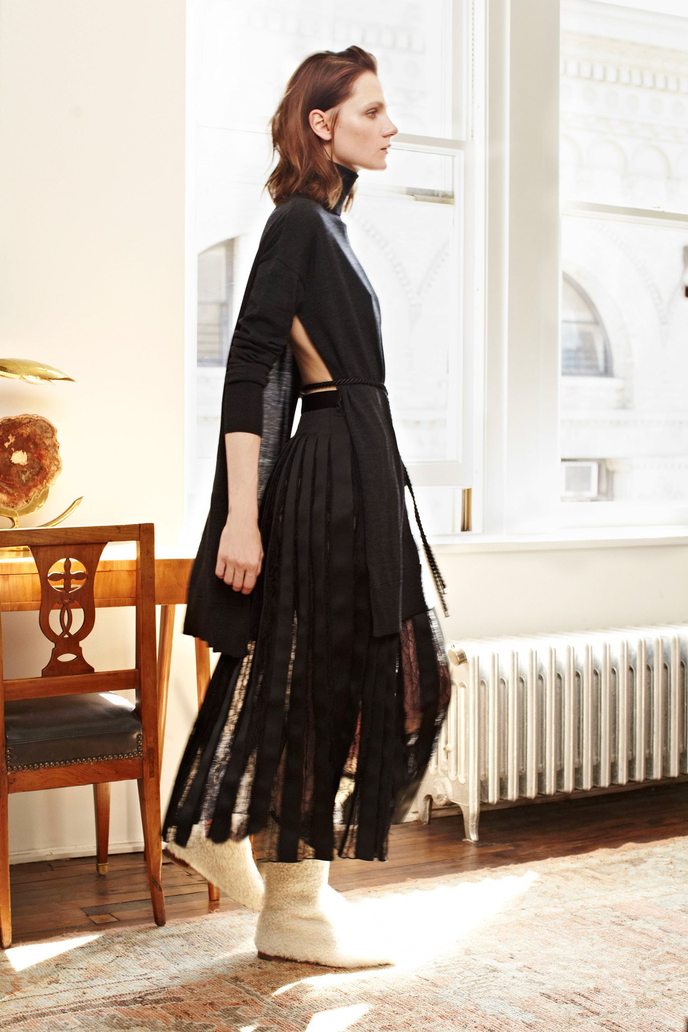 black pleated midi dress with cardigan