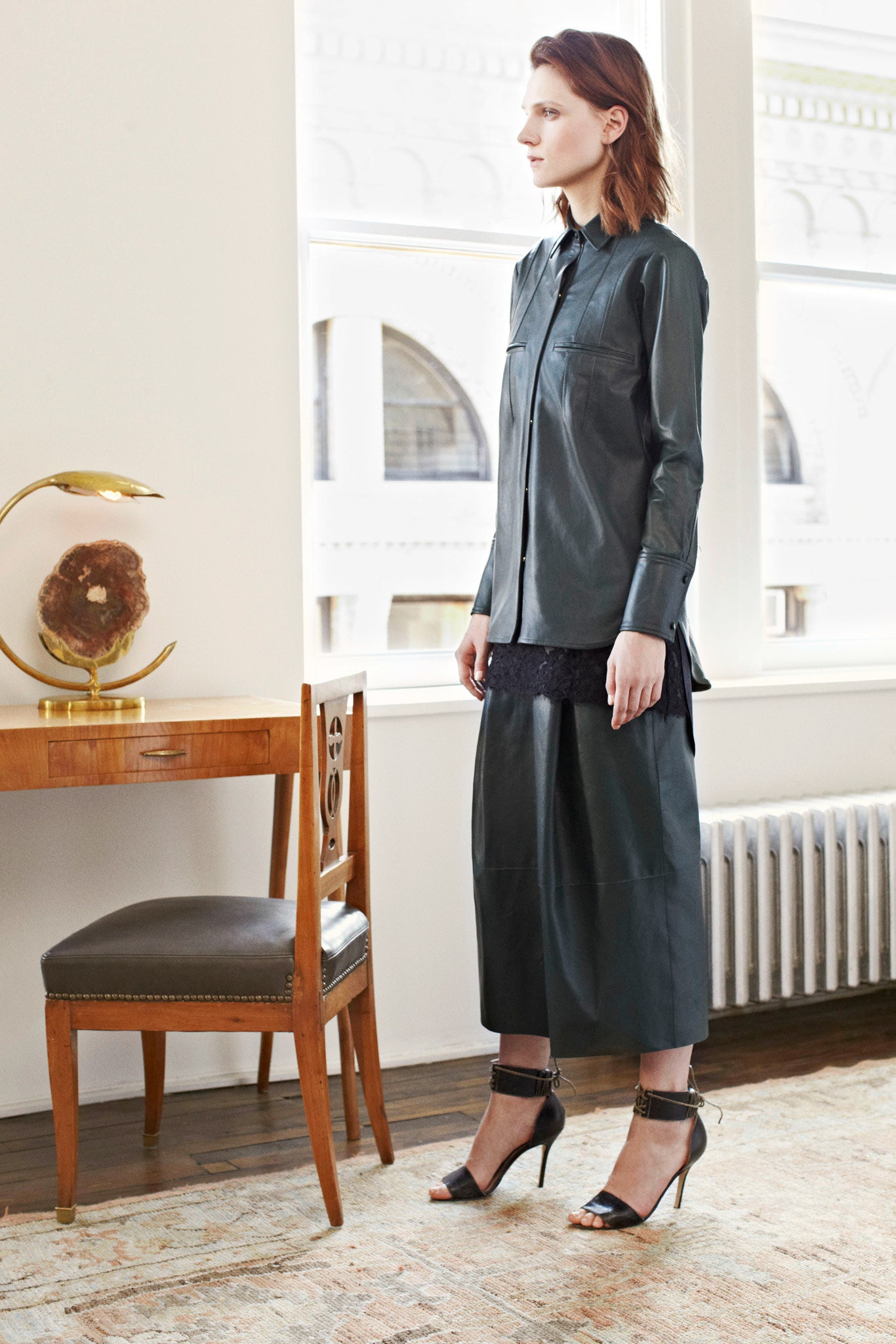 black leather shirt and skirt