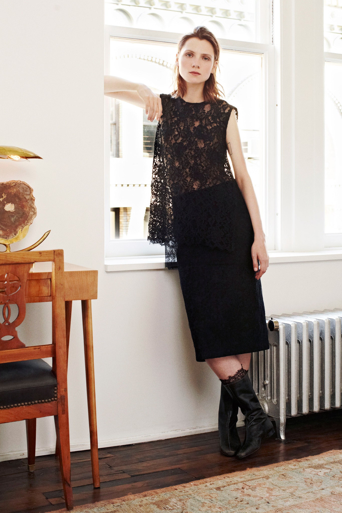 black lace top and pencil skirt