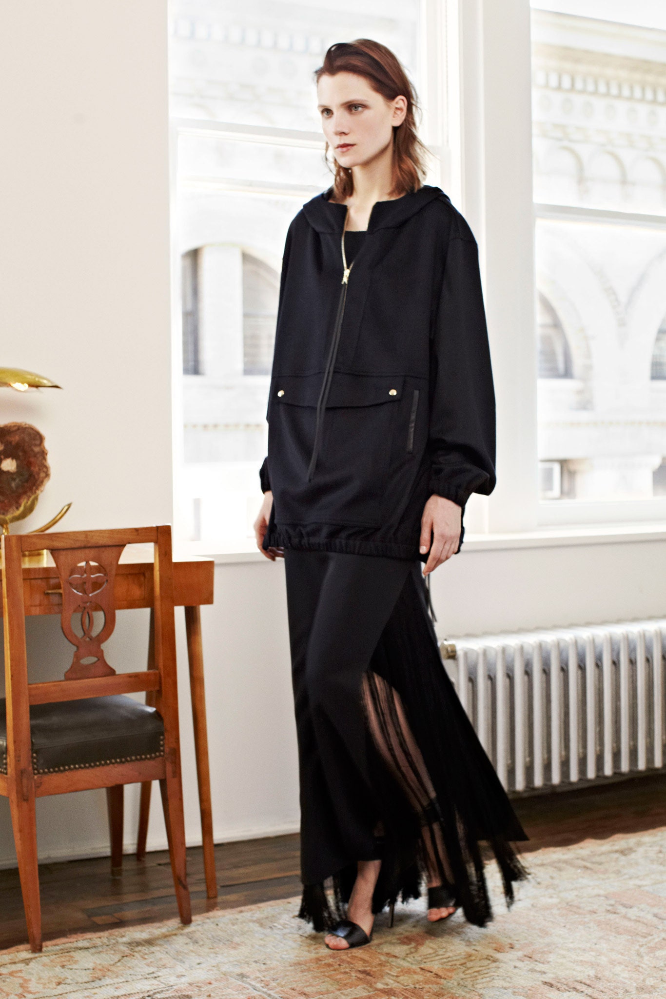 black silk long-sleeve fitted layered fringed maxi skirt