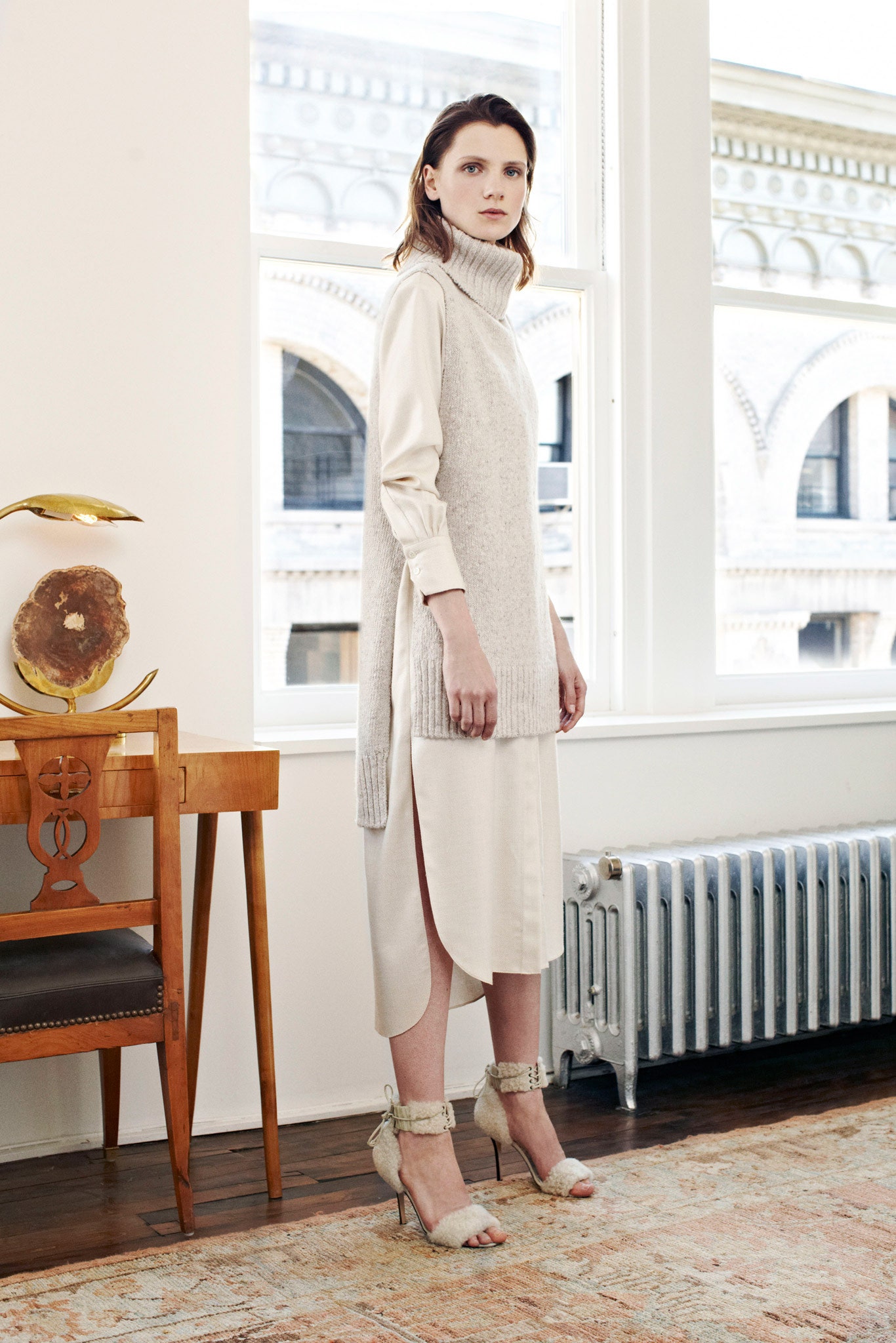 beige midi dress with gray sweater