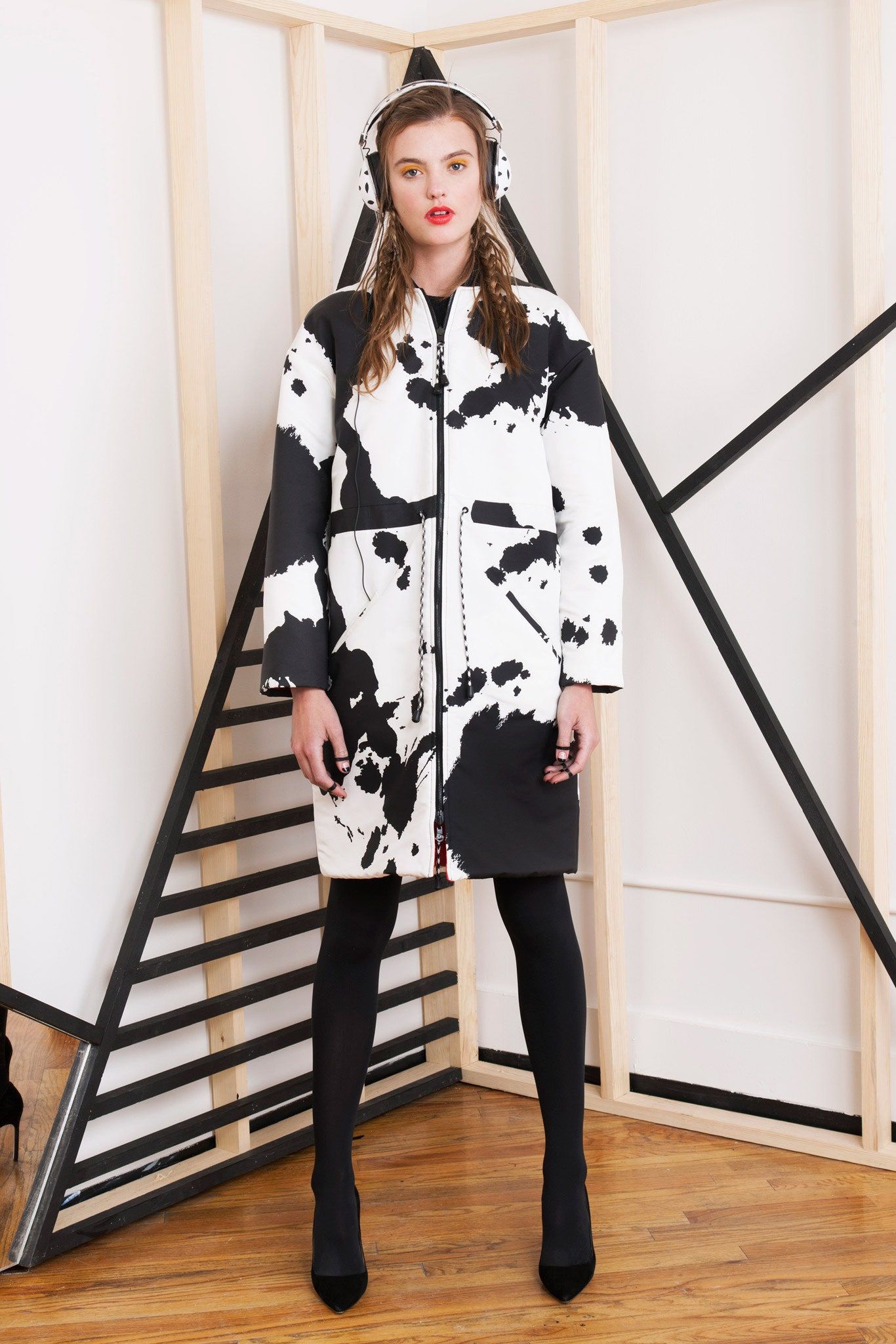 black and white printed coat