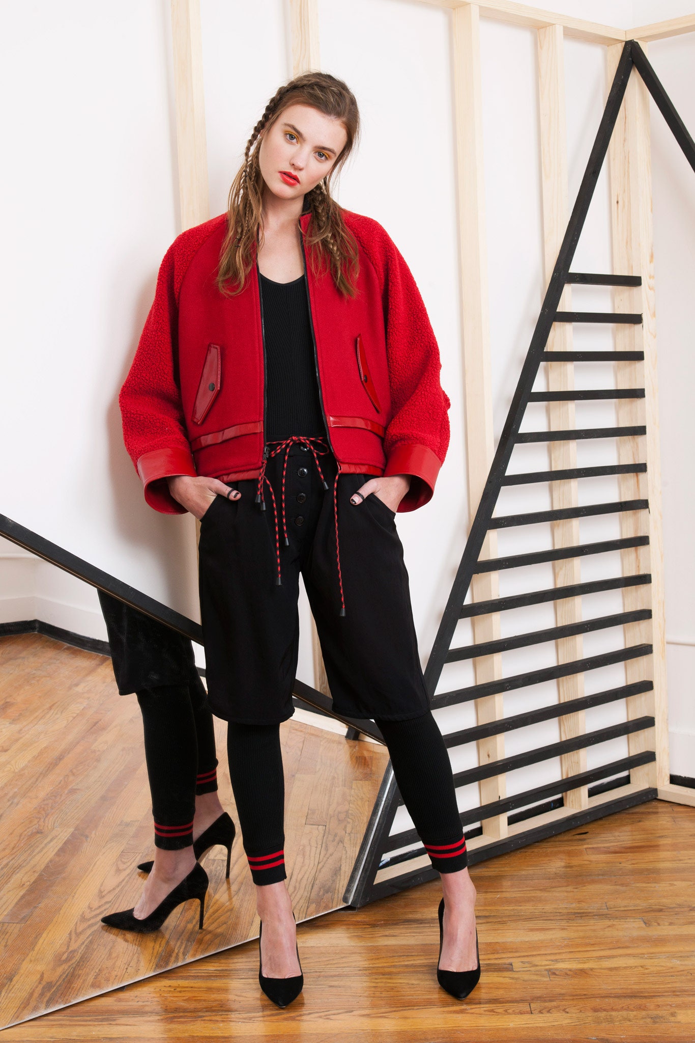 red wool long-sleeve collared oversized zippered jacket