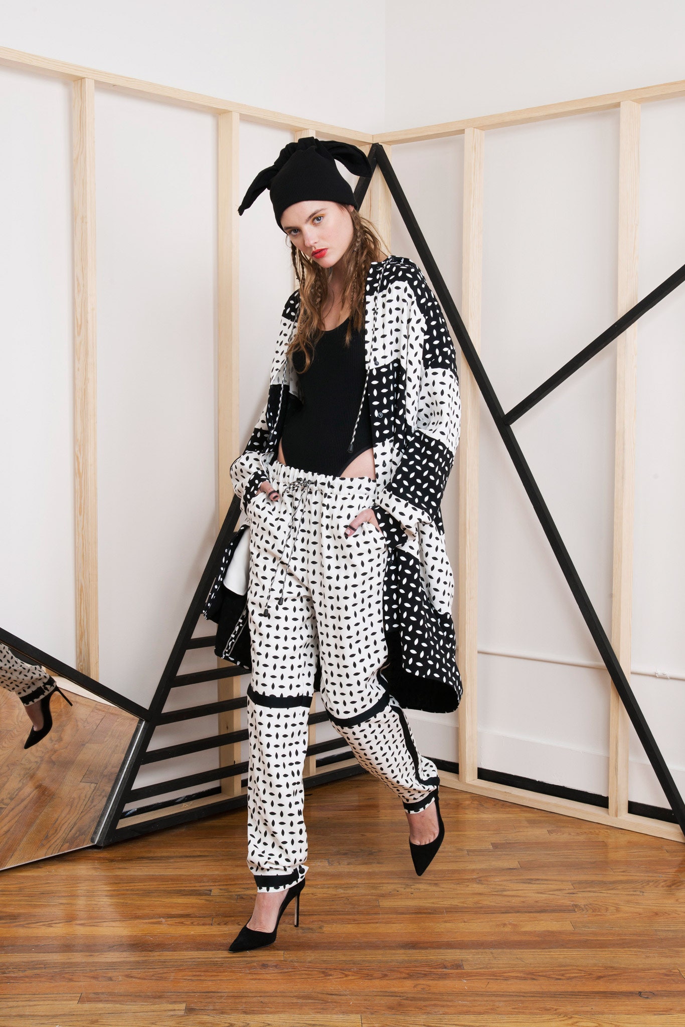 black and white printed coat and pants