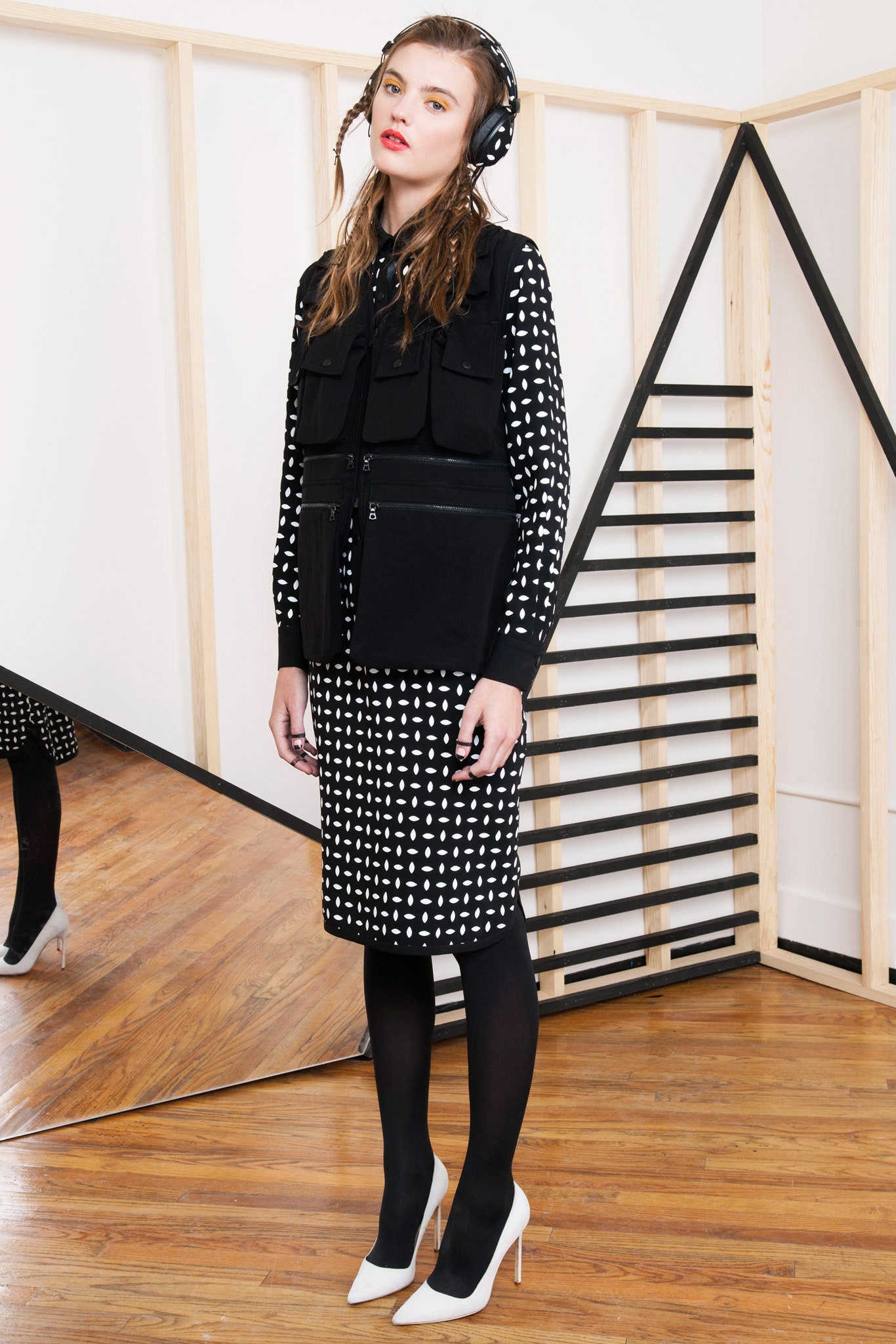 black and white polka-dot outfit