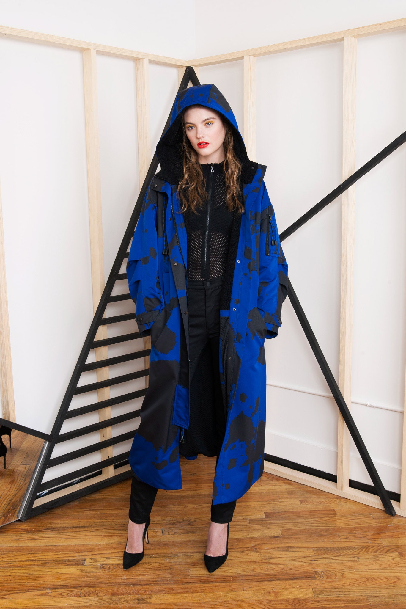blue vinyl hooded coat