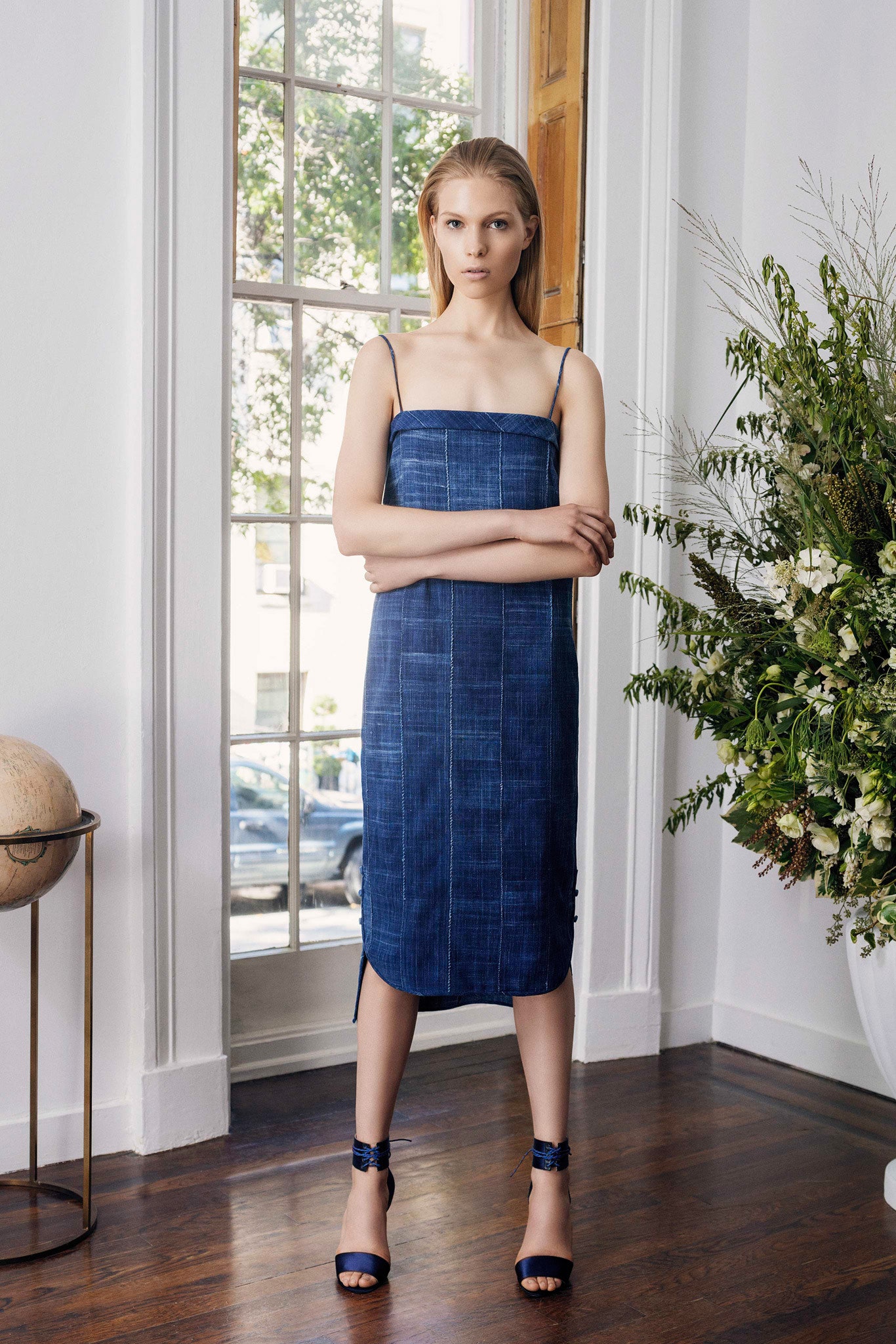 fitted blue denim midi dress