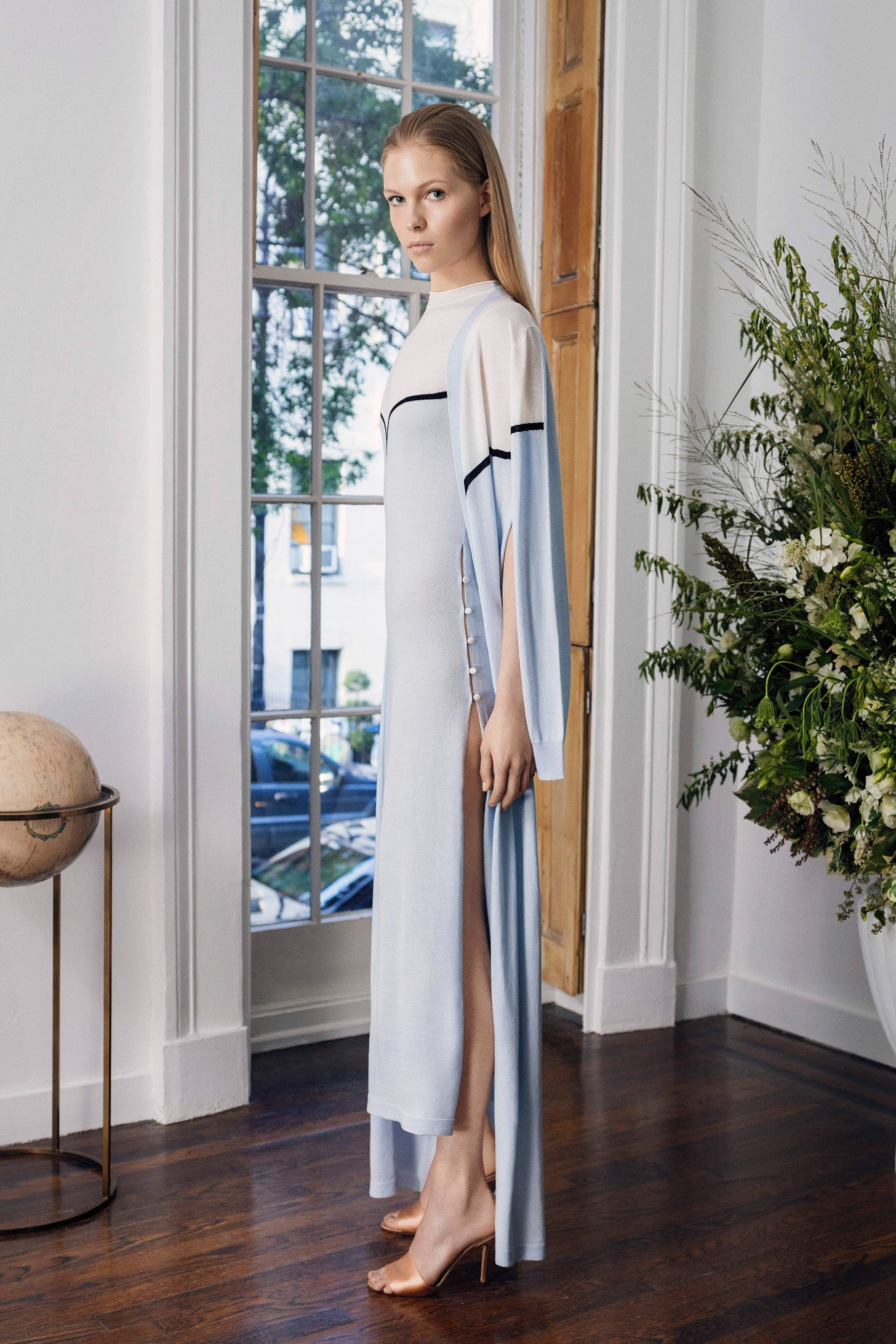 blue cotton long-sleeve high-neck fitted layered maxi dress