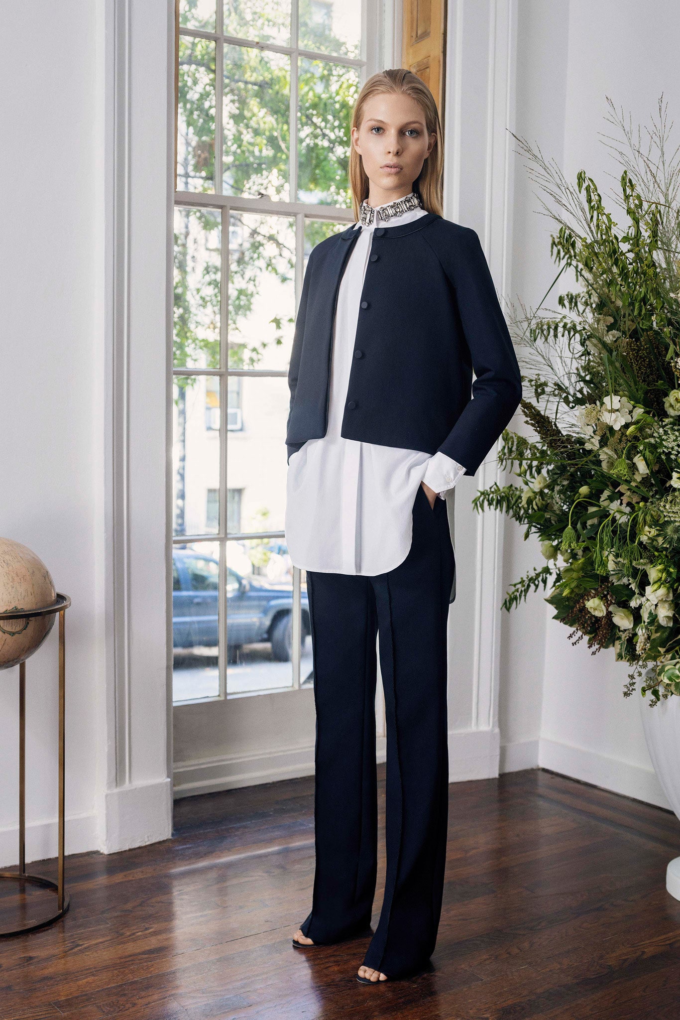 black cotton tailored straight-leg pants