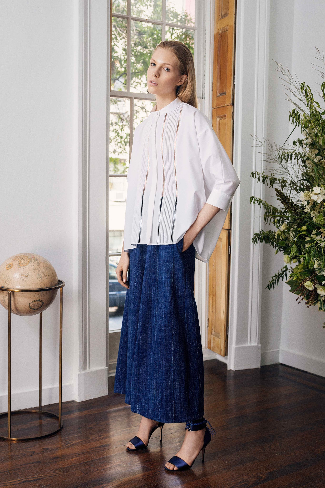 blue denim fitted straight-leg midi skirt