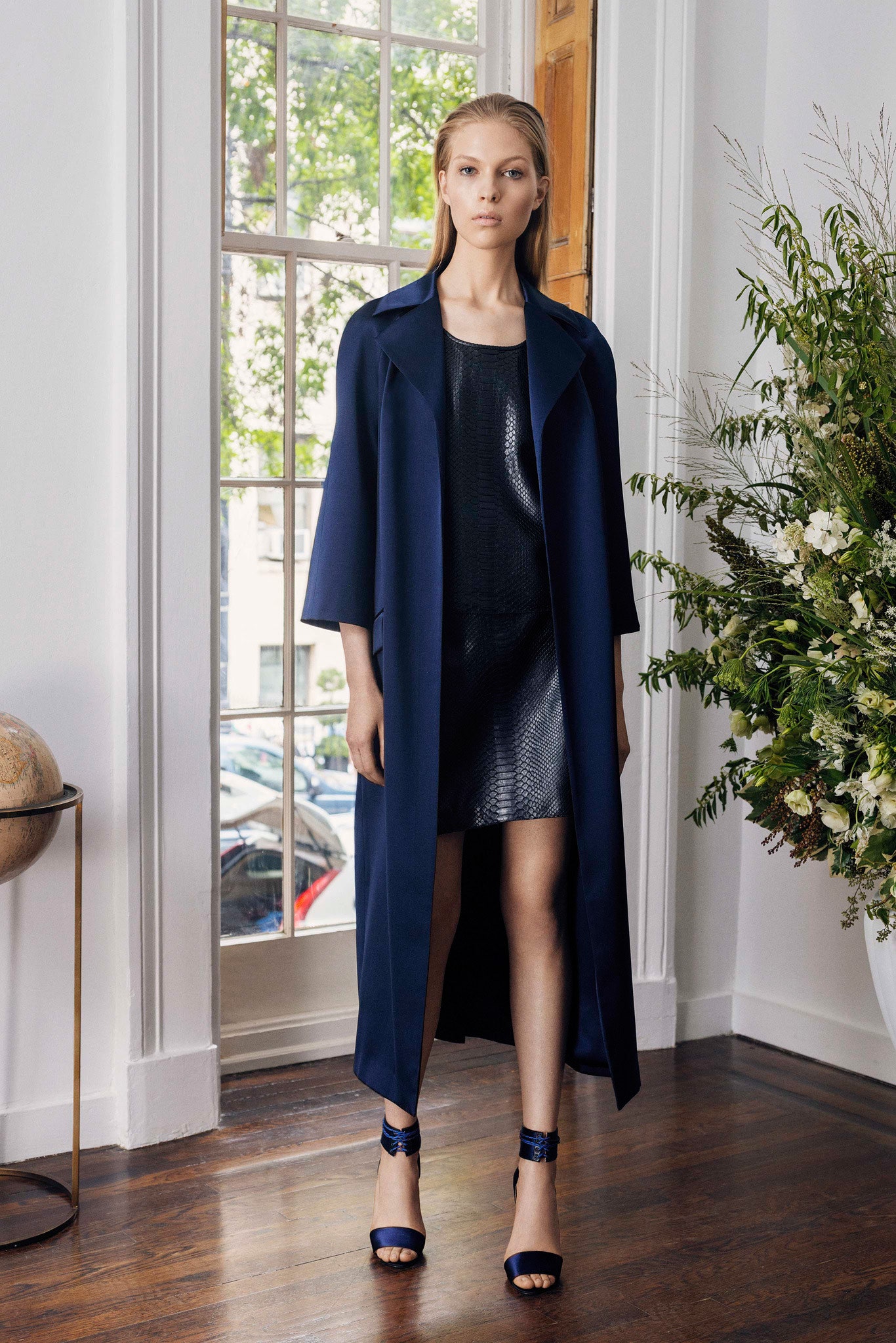 blue silk long-sleeve collared relaxed draped coat