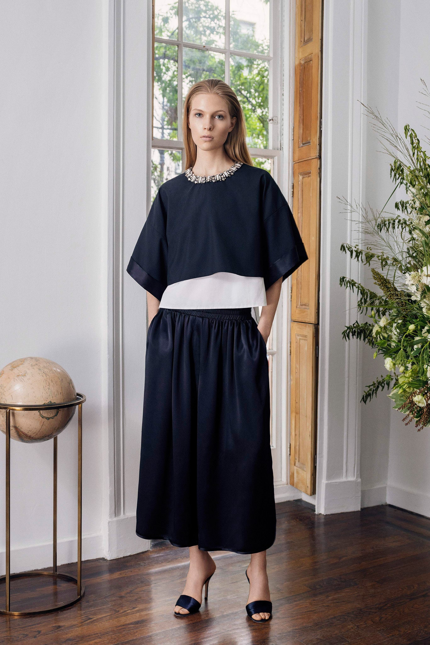 navy and white layered midi dress